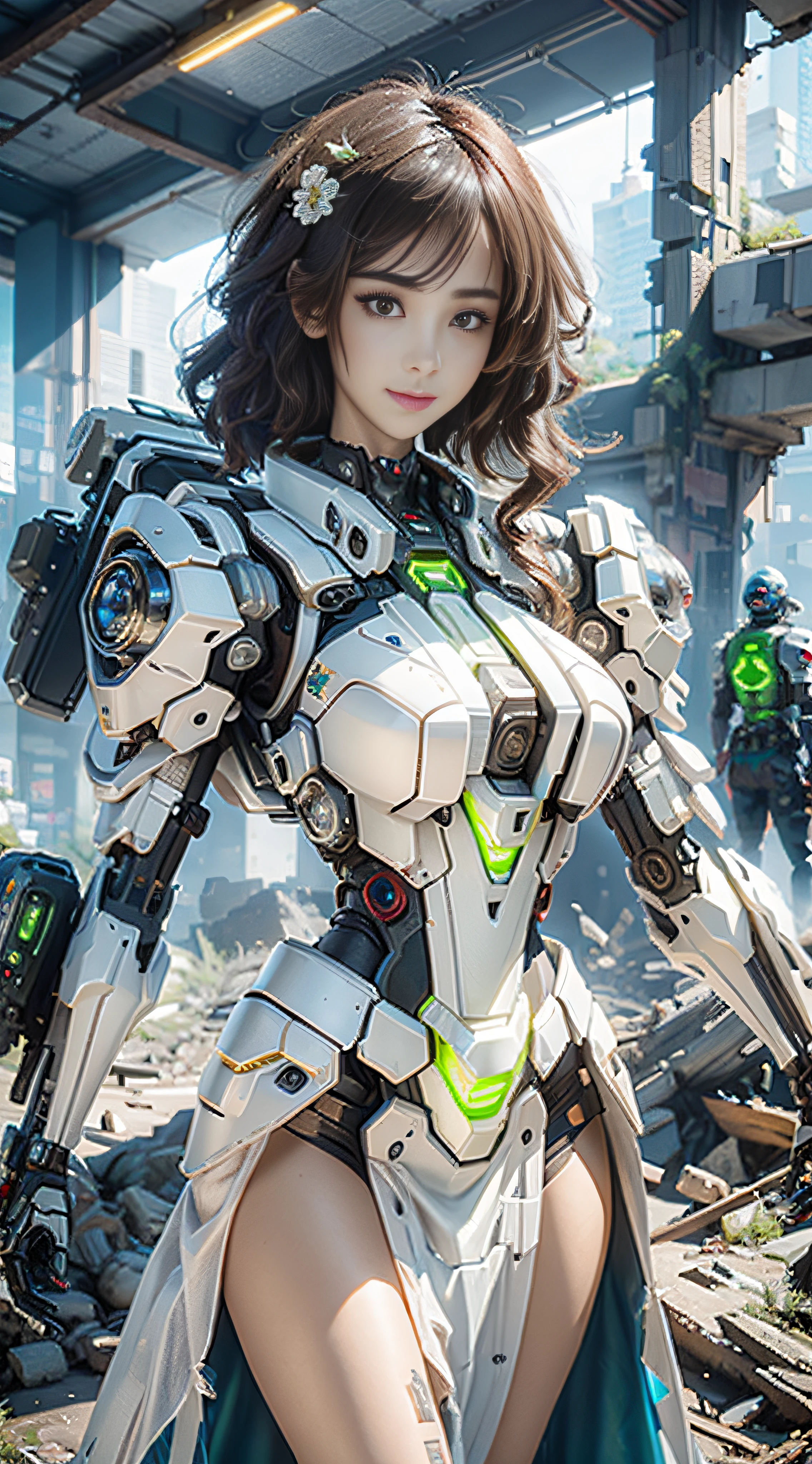 ((Best quality)), ((masterpiece)), (highly detailed:1.3), 3D,Shitu-mecha, beautiful cyberpunk women with her mecha in the ruins of city from a forgoten war, ancient technology,HDR (High Dynamic Range),Ray Tracing,NVIDIA RTX,Super-Resolution,Unreal 5,Subsurface scattering,PBR Texturing,Post-processing,Anisotropic Filtering,Depth-of-field,Maximum clarity and sharpness,Multi-layered textures,Albedo and Specular maps,Surface shading,Accurate simulation of light-material interaction,Perfect proportions,Octane Render,Two-tone lighting,Low ISO,White balance,Rule of thirds,Wide aperature,8K RAW,Efficient Sub-Pixel,sub-pixel convolution,luminescent particles,light scattering,Tyndall effect