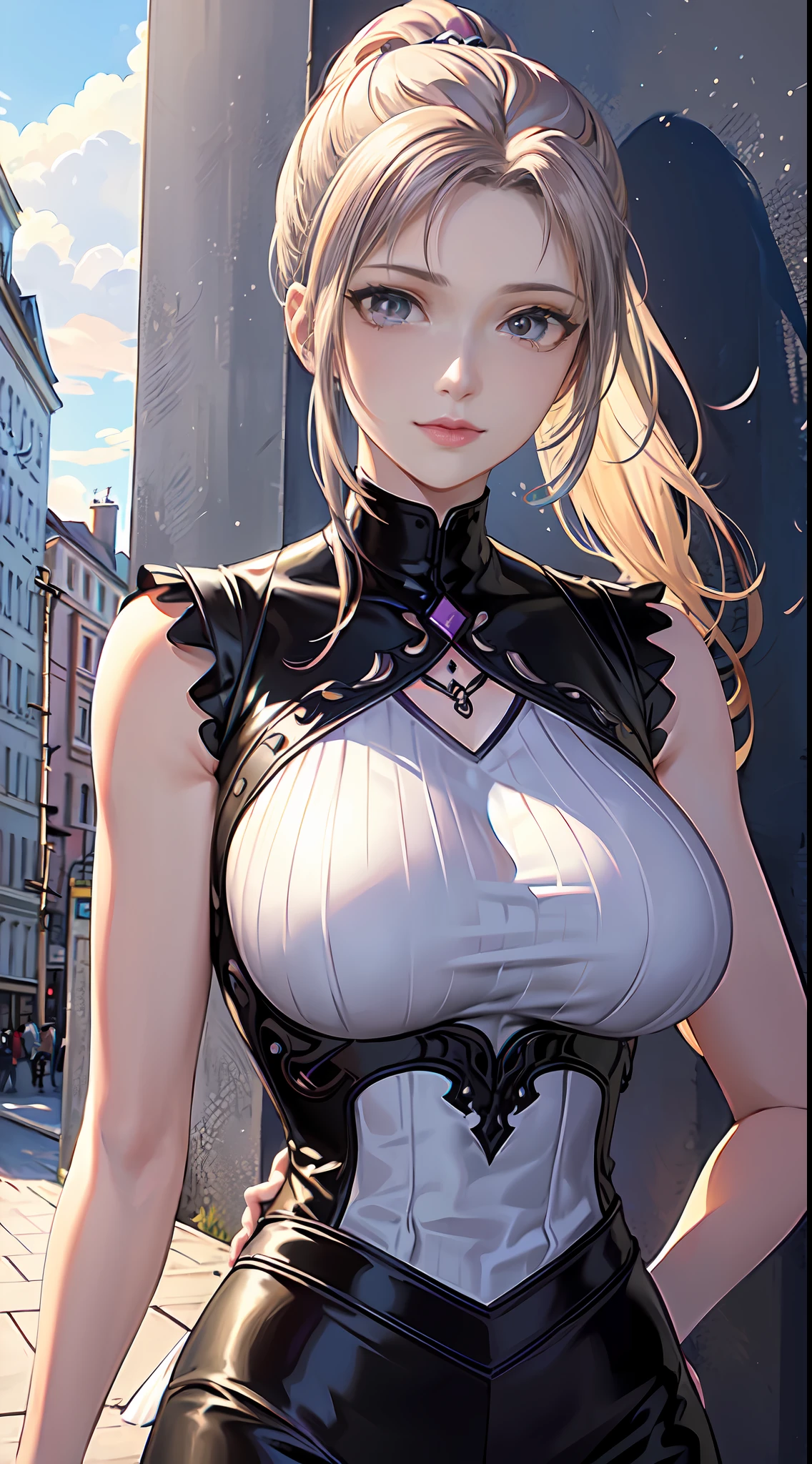 Kaori Saeki, parted bangs high ponytail, blond hairbl, Purple eyes, white sleeveless turtleneck black pencil skirt,
jewelry, Hands on chest,See-through, view the viewer,  hair adornments, choker necklace, Shy,
(Huge breasts:1.2, Upper body, From below, Carmelto, White panties, lift skirts,)
(Masterpiece, Top quality, Best quality, offcial art, Beautiful and aesthetic:1.2), (1 girl), extreme detailed details,  Colorful, highest details,
City,street, Leaning,  wall, Sun, Cloud,