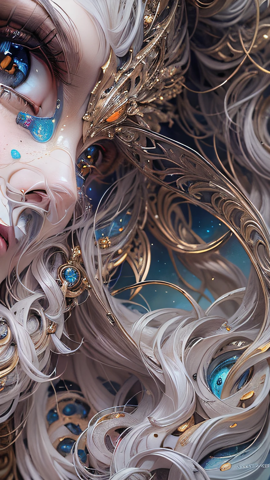 (((Body Portrait)))、(best qualtiy,ultra - detailed,Most Best Illustration,Best Shadow,tmasterpiece,hight resolution,professionalartwork,famousartwork),Detailed eyes,beautidful eyes,closeup cleavage,sci-fy,colored sclera,(Black and beautiful eyes,Black eyes)、face markings,tattooed,(fractalized,Fractal Eye),largeeyes,wide eyes,(Eye focus),Details of face,the eye of the universe,Metal sculpture depiction of woman with moon in hair,goddes。extremely high detail,goddess portrait,Highly detailed footage of the goddess,a stunning portrait of a goddess,Side image of the goddess,portrait of a beautiful goddess,(Full body close-up of goddess),Goddess of Hecate,portrait of a norse moon goddess,goddess of space and time、((masterpiece、top-quality、ultra-definition、hight resolution))、4K picture quality、