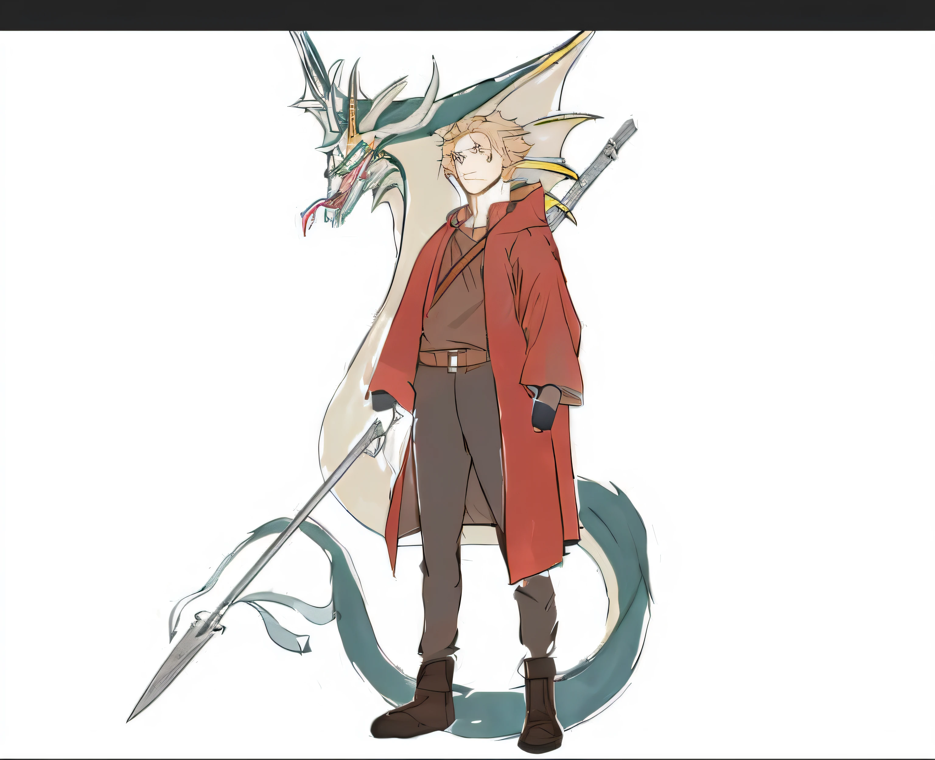Anime character with sword and dragon standing next to the dragon in a red coat, human and dragon fusion, but as an anthropomorphic dragon, elric of melnibone, final fantasy tactics character, as an anthropomorphic dragon, Dragon in the background, full body dragon concept, anime in fantasy style, From cryptid academia, best anime character design