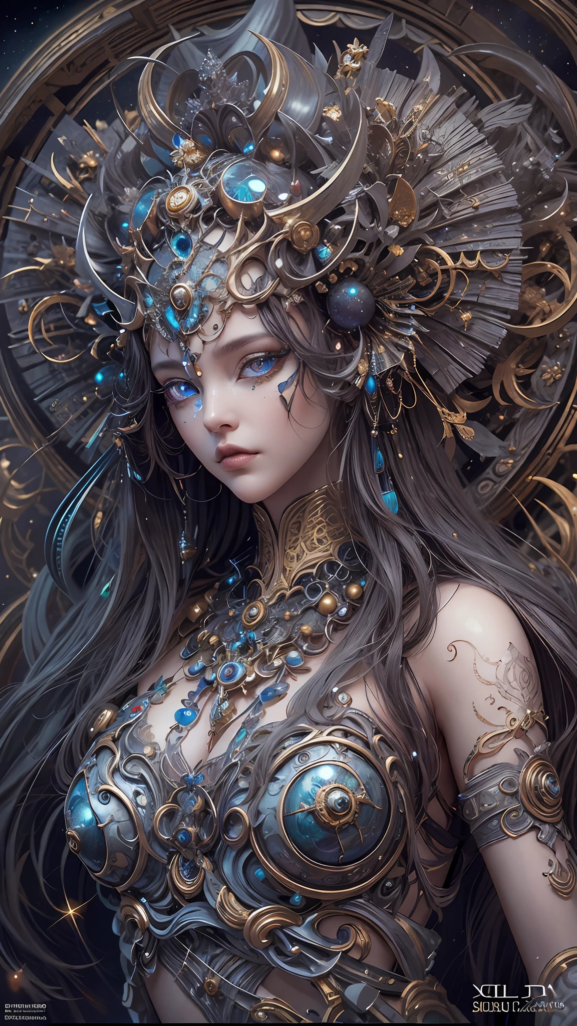 （best qualtiy，ultra - detailed，Most Best Illustration，Best shadow，tmasterpiece，A high resolution，professionalartwork，famousartwork），Detailed eyes，beautidful eyes，closeup cleavage，sci-fy，colored sclera，Robot eyes，face markings，Tattooed with，（fractalized，Fractal eyes），largeeyes，Wide eyes，（Eye focus），sface focus，Cosmic eyes，Space eyes，Close-up of metal sculpture of a woman with a moon in her hair，goddes。extremly high detail，3 d goddess portrait，Extremely detailed footage of the goddess，a stunning portrait of a goddess，Side image of the goddess，portrait of a beautiful goddess，Full body close-up portrait of the goddess，hecate goddess，portrait of a norse moon goddess，goddess of space and time