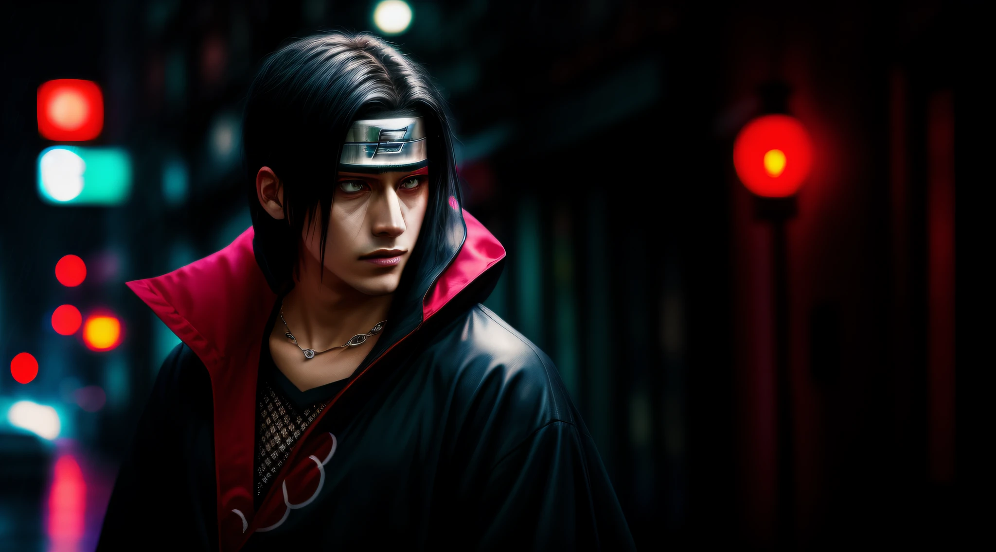 An award-winning masterpiece photo of uchiha itachi long hair forehead protector ninja robe high-collar jewelry
Cyborg necklace with psychedelic colors standing on a city street at night in the rain, wearing neon-colored bright glasses, 8k, (alta qualidade: 1.1), (cinematic feel: 1.1), sombras escuras e profundas , detalhamento incrivelmente intrincado, arte , (de perto: 1.1), de cima, olhando para o observador, (brilhantes de luz: 1.1), (chromatic aberration,: 1.2) fundo com artefatos de luz flutuantes