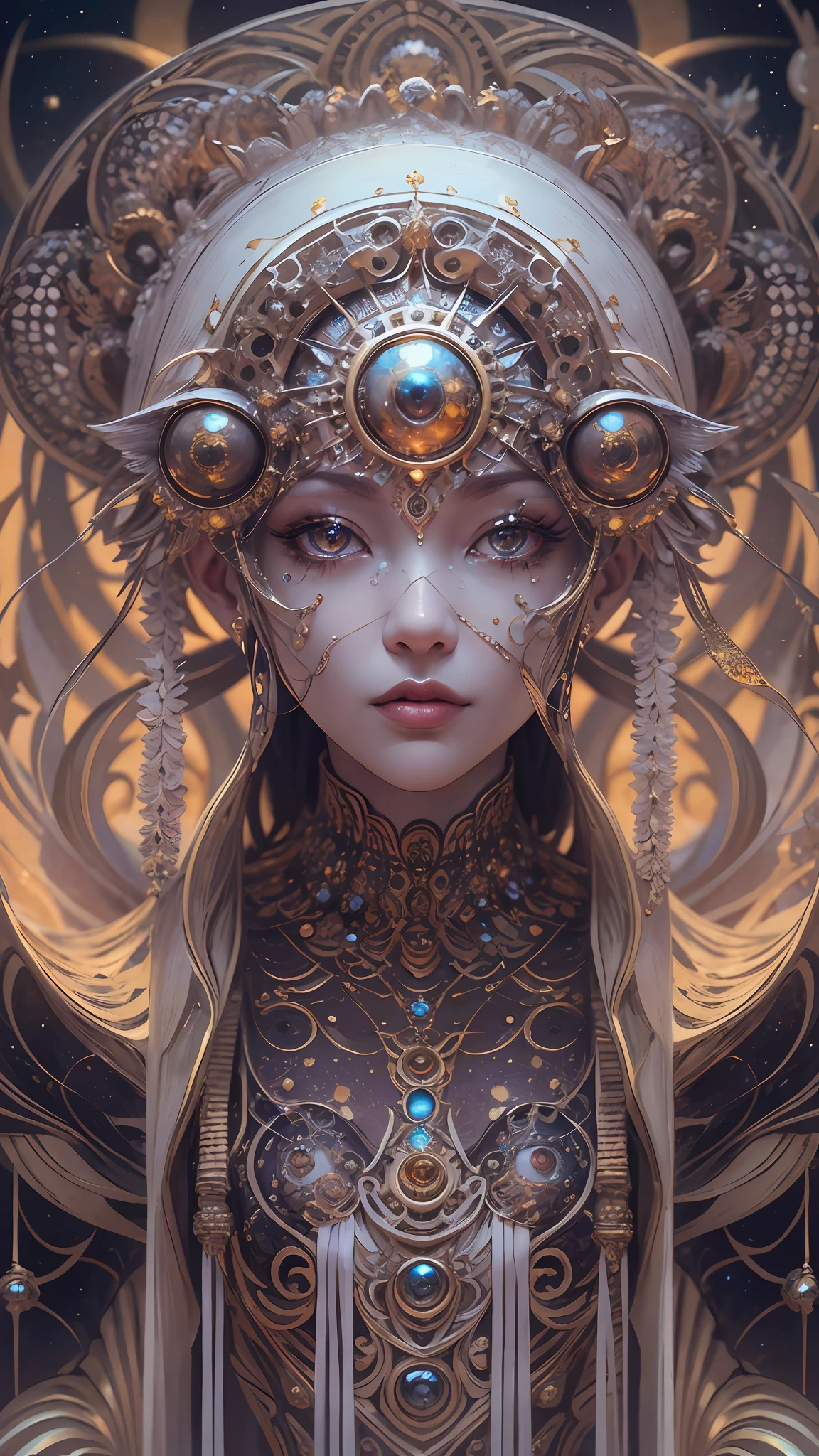 （best qualtiy，ultra - detailed，Most Best Illustration，Best shadow，tmasterpiece，A high resolution，professionalartwork，famousartwork），Detailed eyes，beautidful eyes，closeup cleavage，sci-fy，colored sclera，Robot eyes，face markings，Tattooed with，（fractalized，Fractal eyes），largeeyes，Wide eyes，（Eye focus），sface focus，Cosmic eyes，Space eyes，Close-up of metal sculpture of a woman with a moon in her hair，goddes。extremly high detail，3 d goddess portrait，Extremely detailed footage of the goddess，a stunning portrait of a goddess，Side image of the goddess，portrait of a beautiful goddess，Full body close-up portrait of the goddess，hecate goddess，portrait of a norse moon goddess，goddess of space and time