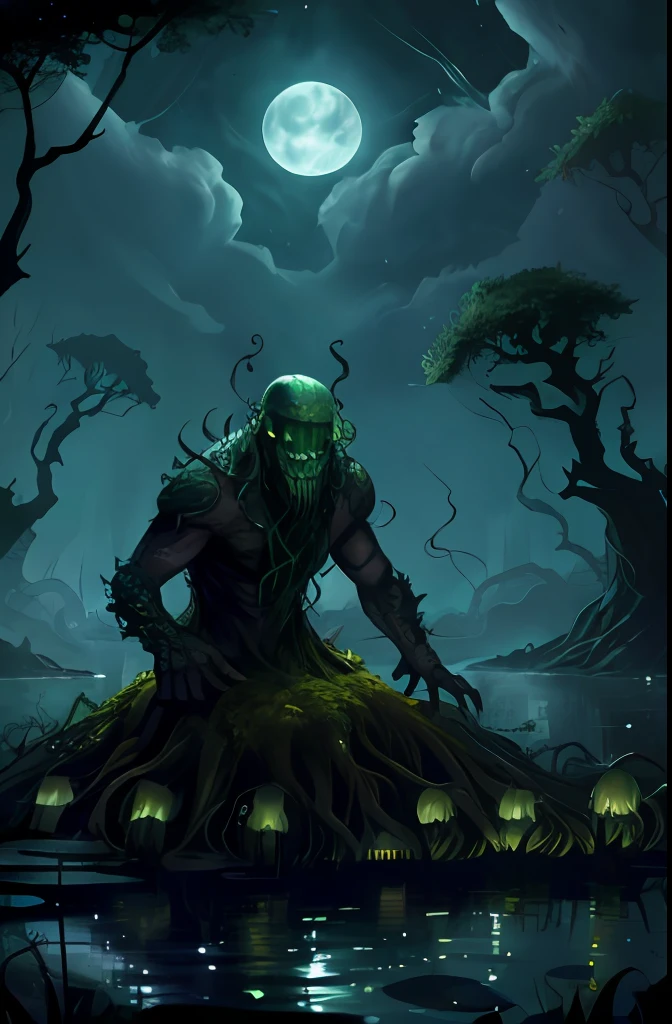 dark swamp eldritch monster rising out of the water moss slime vines tentacles fireflies midnight moonlight backlight (masterpiece:1.2) (illustration:1.2) (best quality) (detailed) (intricate) (8k) (HDR) (wallpaper) (cinematic lighting) (sharp focus)