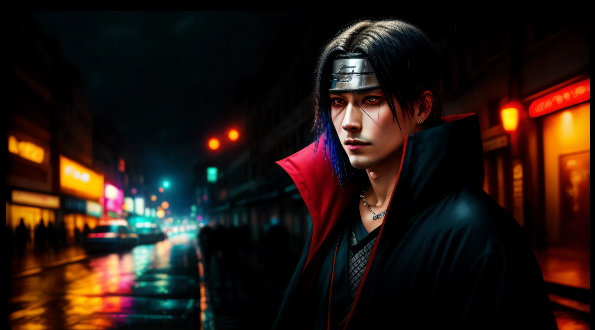 An award-winning masterpiece photo of uchiha itachi long hair forehead protector ninja robe high-collar jewelry
Cyborg necklace with psychedelic colors standing on a city street at night in the rain, wearing neon-colored bright glasses, 8k, (alta qualidade: 1.1), (cinematic feel: 1.1), sombras escuras e profundas , detalhamento incrivelmente intrincado, arte , (de perto: 1.1), de cima, olhando para o observador, (brilhantes de luz: 1.1), (chromatic aberration,: 1.2) fundo com artefatos de luz flutuantes