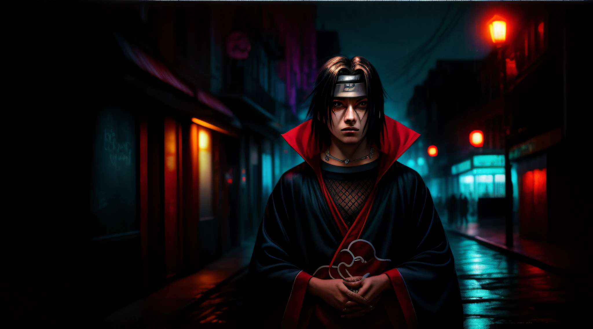 An award-winning masterpiece photo of uchiha itachi long hair forehead protector ninja robe high-collar jewelry
Cyborg necklace with psychedelic colors standing on a city street at night in the rain, wearing neon-colored bright glasses, 8k, (alta qualidade: 1.1), (cinematic feel: 1.1), sombras escuras e profundas , detalhamento incrivelmente intrincado, arte , (de perto: 1.1), de cima, olhando para o observador, (brilhantes de luz: 1.1), (chromatic aberration,: 1.2) fundo com artefatos de luz flutuantes