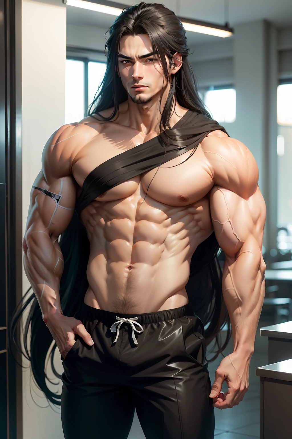 anime man, muscles, long hair black