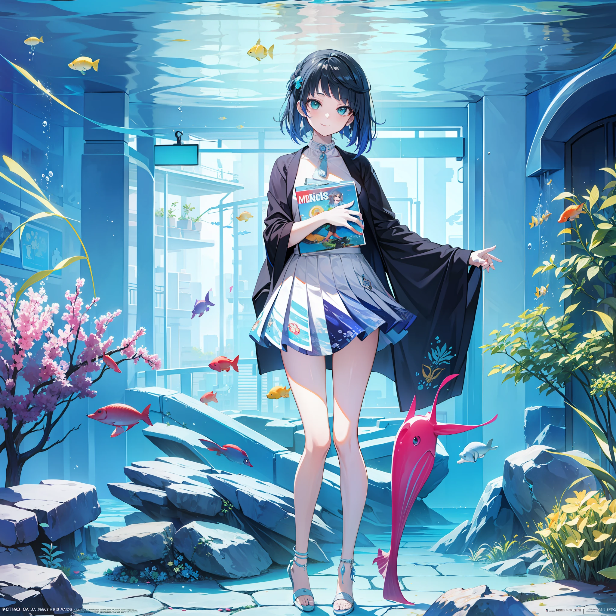 "Create a masterpiece with the best quality, featuring a full body shot of a smiling girl in a solo pose. Incorporate the vibes of a magazine cover, emphasizing a fashionable look. Set the scene underwater, specifically in a tunnel aquarium."