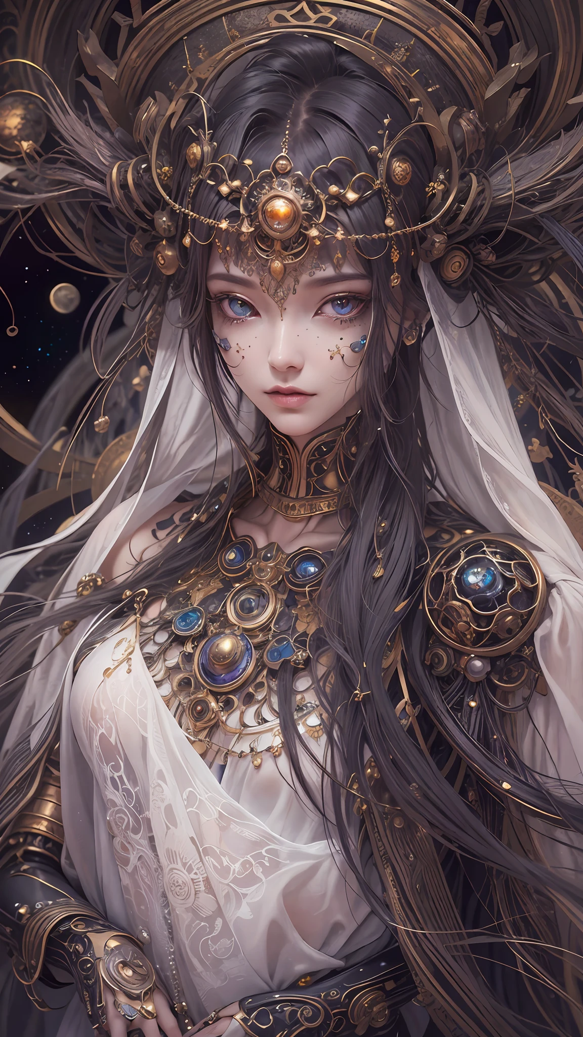 （best qualtiy，ultra - detailed，Most Best Illustration，Best shadow，tmasterpiece，A high resolution，professionalartwork，famousartwork），Detailed eyes，beautidful eyes，closeup cleavage，sci-fy，colored sclera，Robot eyes，face markings，Tattooed with，（fractalized，Fractal eyes），largeeyes，Wide eyes，（Eye focus），sface focus，Cosmic eyes，Space eyes，Close-up of metal sculpture of a woman with a moon in her hair，goddes。extremly high detail，3 d goddess portrait，Extremely detailed footage of the goddess，a stunning portrait of a goddess，Side image of the goddess，portrait of a beautiful goddess，Full body close-up portrait of the goddess，hecate goddess，portrait of a norse moon goddess，goddess of space and time