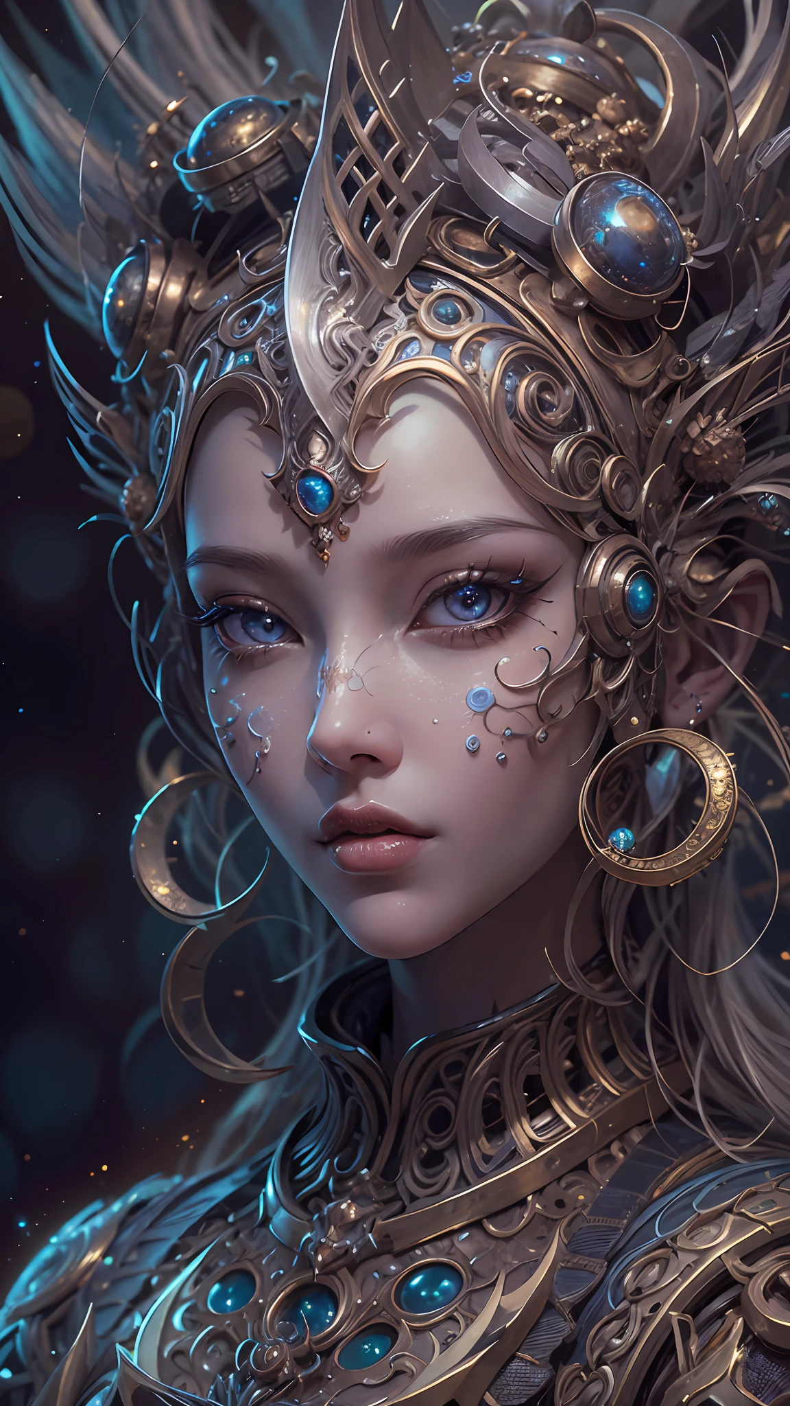 （best qualtiy，ultra - detailed，Most Best Illustration，Best shadow，tmasterpiece，A high resolution，professionalartwork，famousartwork），Detailed eyes，beautidful eyes，closeup cleavage，sci-fy，colored sclera，Robot eyes，face markings，Tattooed with，（fractalized，Fractal eyes），largeeyes，Wide eyes，（Eye focus），sface focus，Cosmic eyes，Space eyes，Close-up of metal sculpture of a woman with a moon in her hair，goddes。extremly high detail，3 d goddess portrait，Extremely detailed footage of the goddess，a stunning portrait of a goddess，Side image of the goddess，portrait of a beautiful goddess，Full body close-up portrait of the goddess，hecate goddess，portrait of a norse moon goddess，goddess of space and time