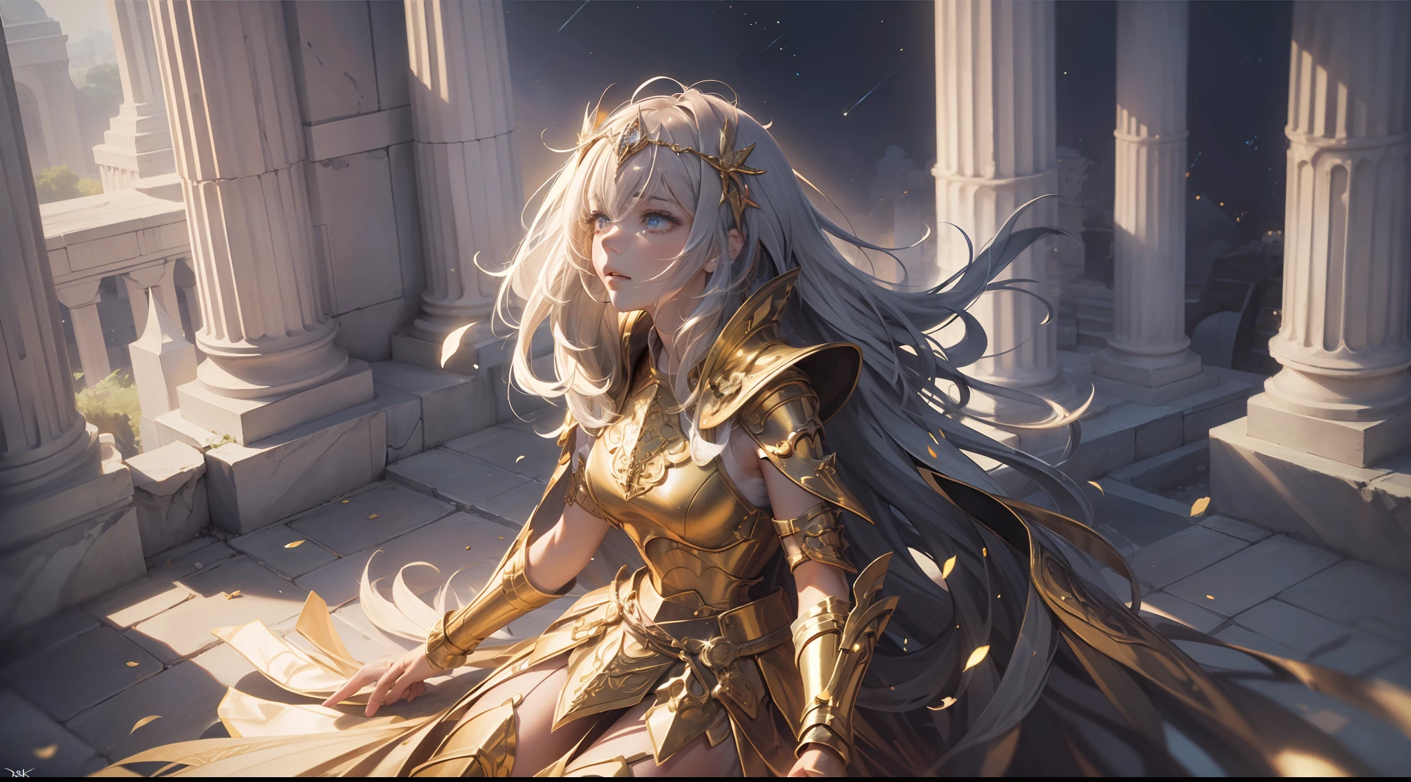 (Extremely detailed Cg Unity 8K wallpaper,Masterpiece, Best quality, Ultra-detailed, Beautiful detailed eyes:1.2),Best illumination, (Best shadow, An extremely delicate and beautiful, full bloom), 1girll,Solo,Large breasts,Heavy armor,complex patterns,Long hair,Film filter, Greek temple,dramatics,dynamicposes,illusory engine, (High detail: 1.9),Starcloud,the night,torchan,full body shot shot,dynamicposes,dramatics