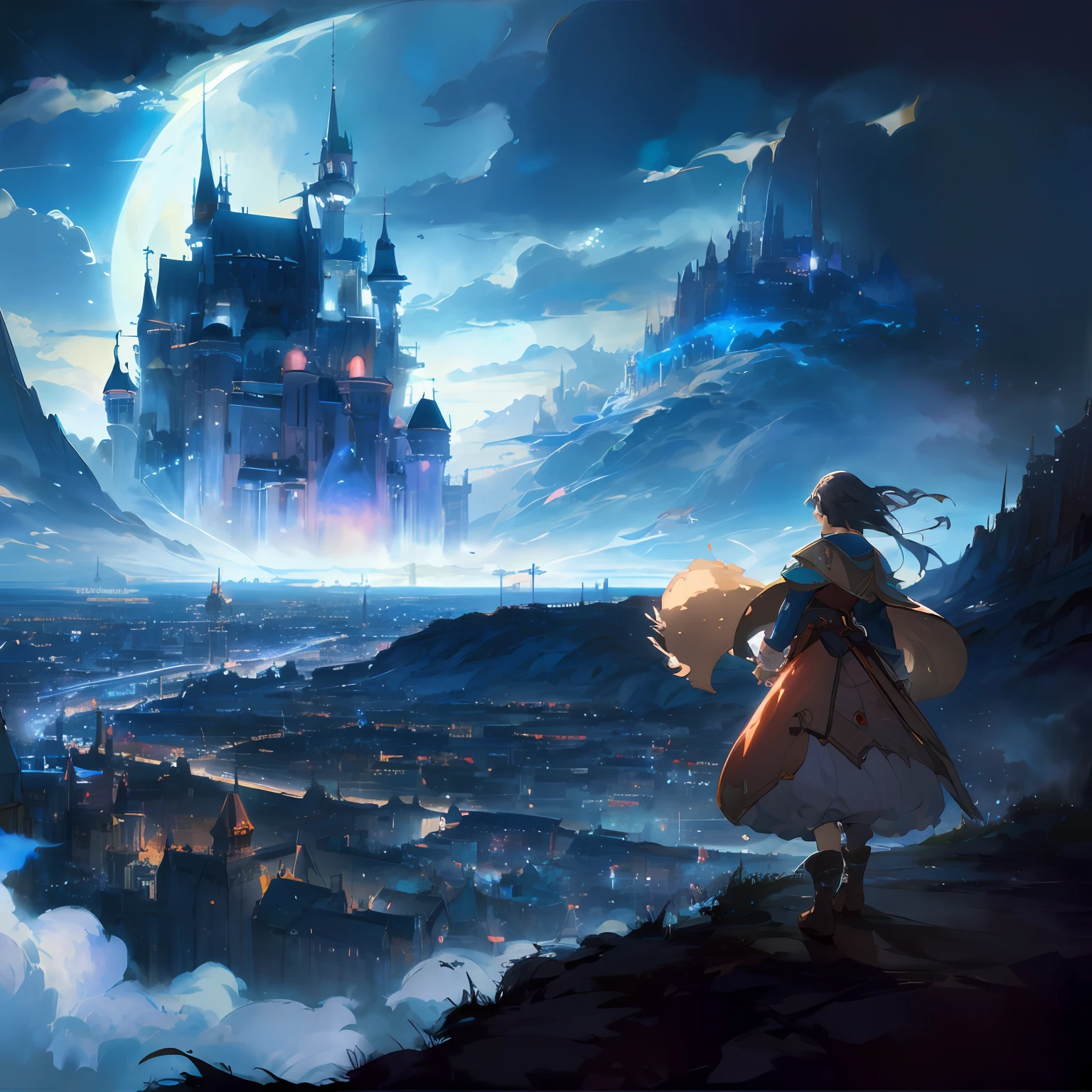 Anime, castle, girl, Night, city, skyporn, Moon, Clouds, 2. 5 d cgi anime fantasy artwork, In front of Fantasy City, anime fantasy artwork, anime fantasy illustration, anime epic artwork, andreas rocha and john howe, andreas rocha style, beautiful fantasy anime, magical fantasy 2 d concept art, cushart krenz key art feminine
