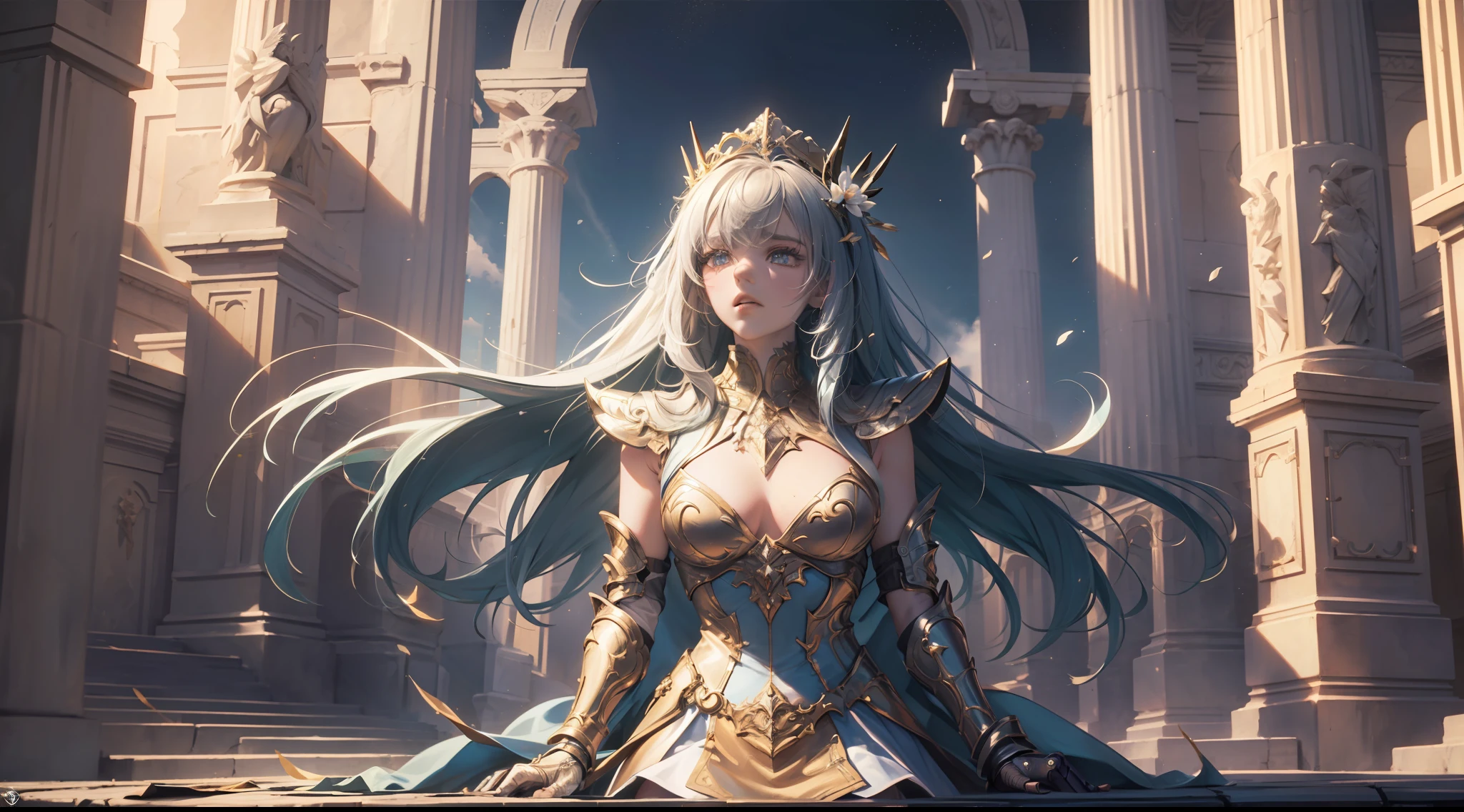 (Extremely detailed Cg Unity 8K wallpaper,Masterpiece, Best quality, Ultra-detailed, Beautiful detailed eyes:1.2),Best illumination, (Best shadow, An extremely delicate and beautiful, full bloom), 1girll,Solo,Large breasts，Heavy armor，complex patterns，Long hair,Film filter, Greek temple，dramatics，dynamicposes，illusory engine， (High detail: 1.9)，Starcloud，the night，torchan，full body shot shot，dynamicposes，dramatics