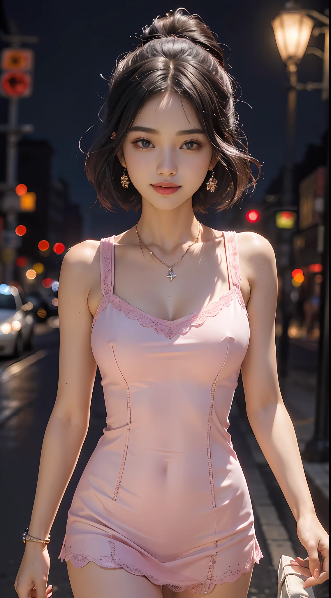 8k, masterpiece, RAW photo, best quality, detail:1.2),photorealistic, extremely detailed CG unity 8k wallpaper, Depth of field, Cinematic Light, Lens Flare, Ray tracing, 
(extremely beautiful face, beautiful lips, beautiful eyes), intricate detail face, ((ultra detailed skin)) 1girl, in the dark, deep shadow, pretty korean girl, kpop idol,(very slim slender fit-muscled body:1.3), ((looking at viewer)),(big smile), open navel , (mesh mini dress(pink color)), (sleeveless) , (wet top), ((walking)), (city night, (neon sign), (night), pretty korean girl,  carrying 1 hermes bag, white diamond earrings, dia bracelets, dia necklace, pantyhose, clear eyes, (walking) , front shot, pale skin, face forward, big eyes, ((upper body shot)),((Laced)), 20 years old