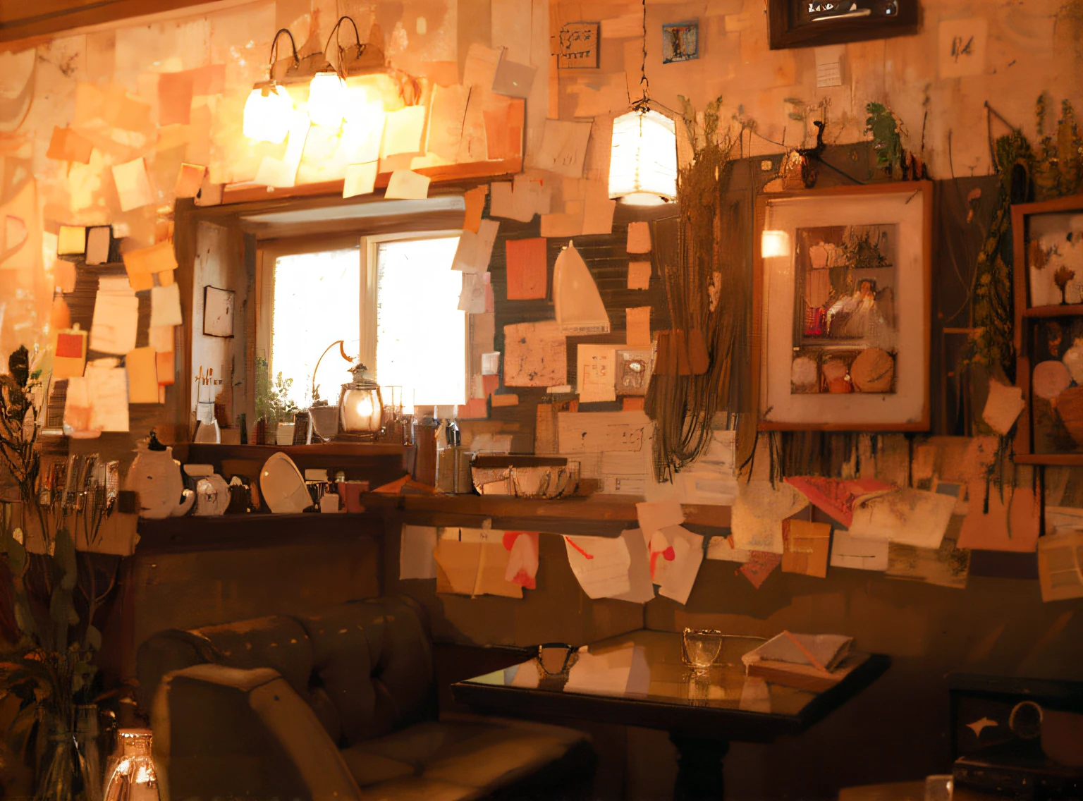 There is a lot of paper hanging on the wall of the restaurant, cosy atmosphere, Inside the bar, cosy atmosphere, pleasant cozy atmosphere, comfortable atmosphere, cafe interior, Cozy dark 1920s speakeasy bar, Nostalgic atmosphere, inside a french cafe, Cluttered medium shots, Very smoky Parisian bar, Speakeasy bar background, interior view, looking off to the side