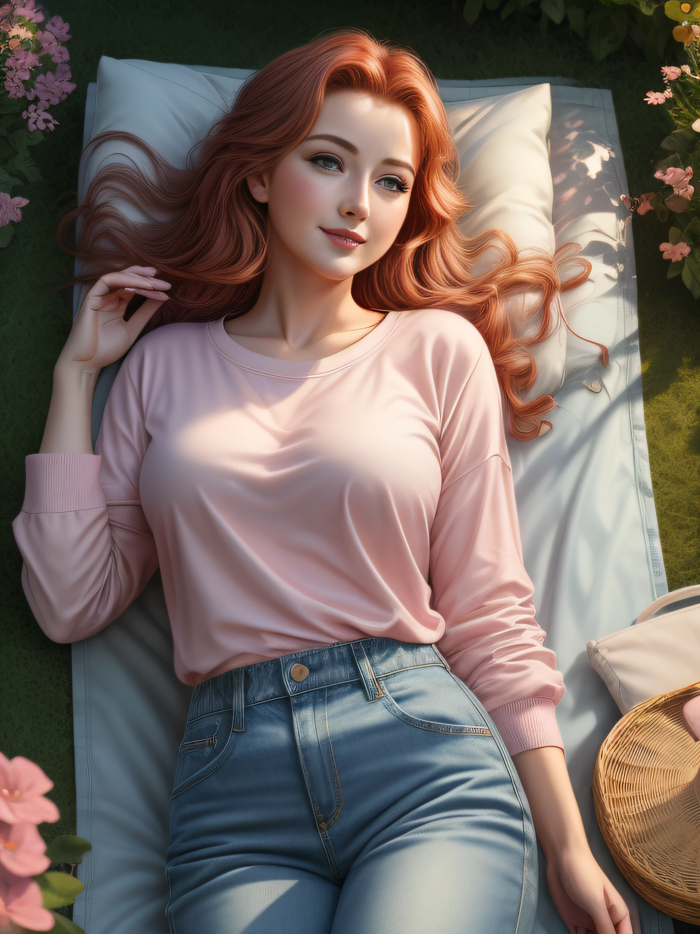 (masterpiece, best quality, high quality, highres, ultra-detailed) An OverallDetail cinematic photorealistic color digital painting of a 20 years old, 36B Cup, gorgeous appealing amative red haired woman [Gal Gadot : Maude Adams : 0.50] looking at viewer gently, outdoor romantic dating, ornated (pale pink long sleeve t-shirt outfit and blue jeans trouser:1.2), (light laugh:1.2), (((lie back:1.3))) on picnic mat in an (outdoor:1.2) flower garden with beautiful scene view, detailed face, insanely detailed and intricate, crisp sharp and clear, volumetric lighting, ultra-high resolution, masterpiece hyper realistic artwork of Don Lawrence, Professional color grading by Kenneth Hines Jr., centered, cinematic aesthetic lighting art by James Cameron trending on Artstation.