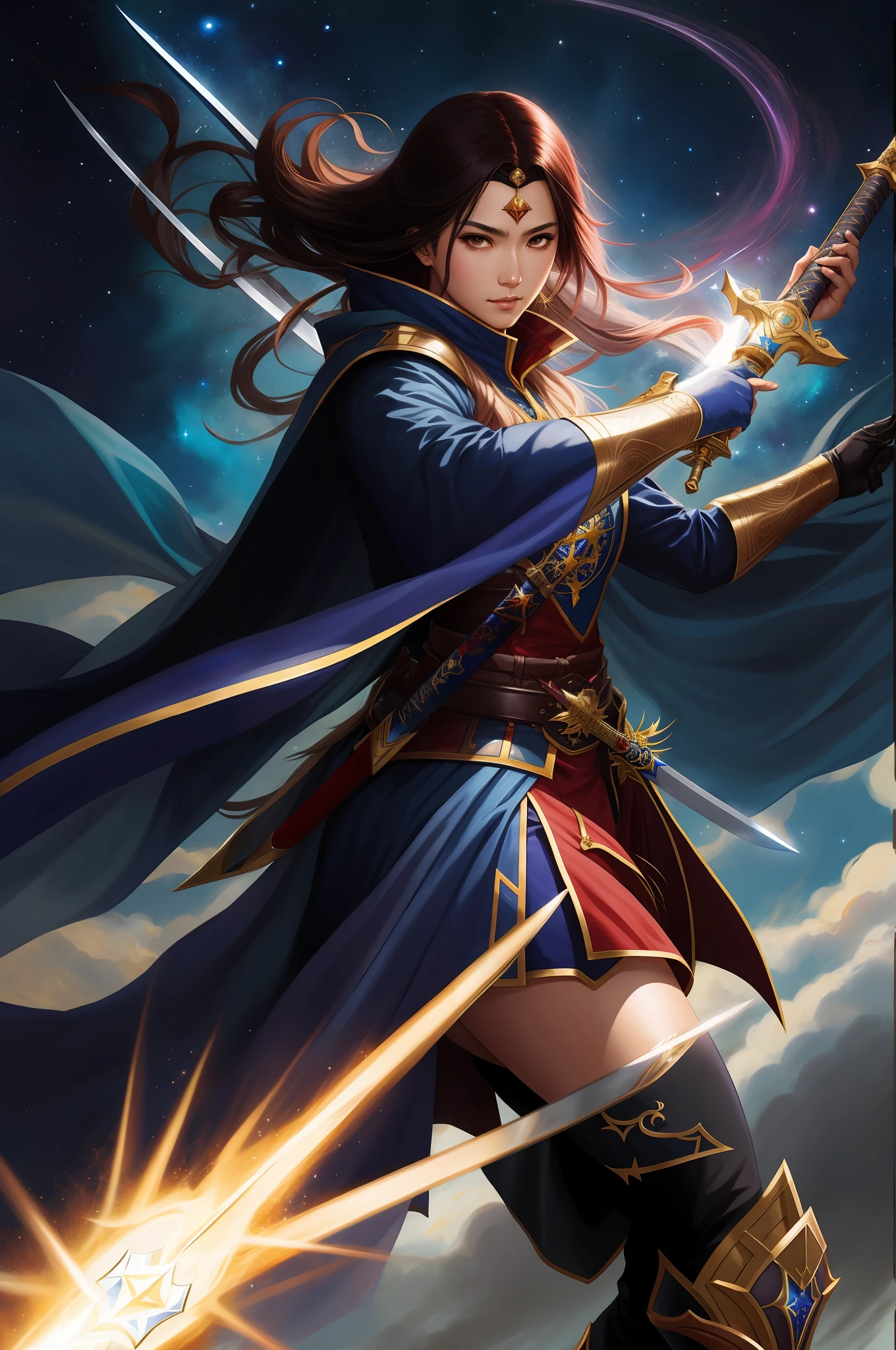 Anime character with sword and cape holding a sword in front of a starry sky, Preto - Mago Cabelo, Retrato de um mago feminino, mago feminino, por Yang J, Astri Lohne, Epic Character Wizard Girl, Artgerm e Ruan Jia, Mago Celestial Lindo, Artgerm extremamente detalhado, arte de splash do personagem, xianxia hero, mago