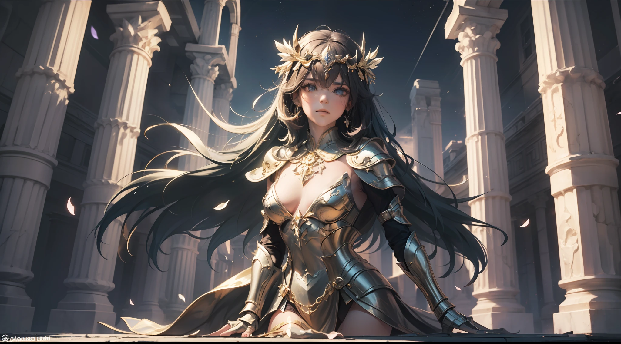 (Extremely detailed Cg Unity 8K wallpaper,Masterpiece, Best quality, Ultra-detailed, Beautiful detailed eyes:1.2),Best illumination, (Best shadow, An extremely delicate and beautiful, full bloom), 1girll,Solo,Large breasts,Heavy armor,complex patterns,Long hair,Film filter, Greek temple,dramatics,dynamicposes,illusory engine, (High detail: 1.9),Starcloud,the night,torchan,full body shot shot,dynamicposes,dramatics