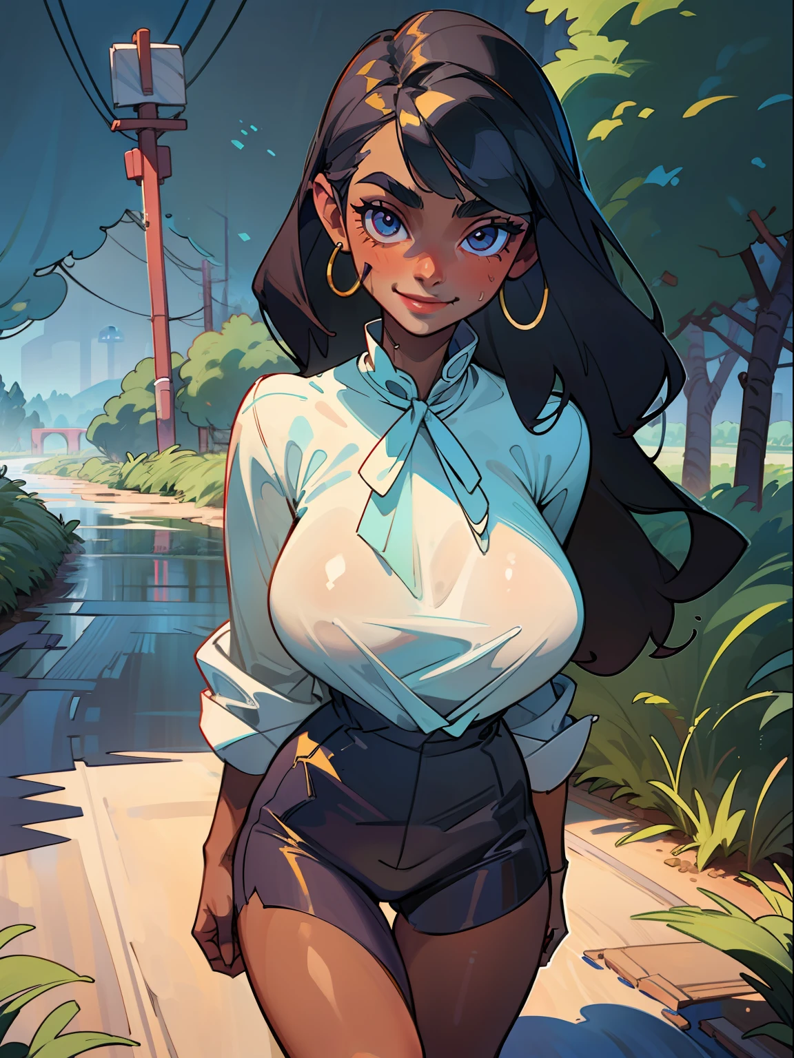 1 woman, older woman, smiling, pretty face, nice body, dark skin, different eyes, nose, ear, eyebrow, big straight hair, sexy clothes, wet clothes, thin waist, thick legs, big thigh, background scenery, wet dirt road, ground, interior, beautiful day, lighting