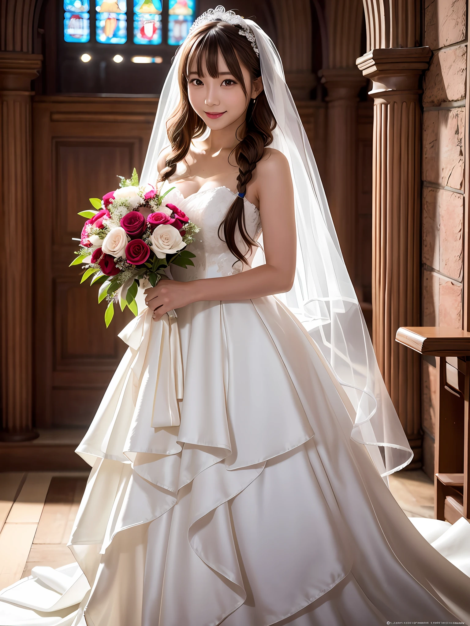 the best quality, 1 girl per 1 photo, full body shot, directly front view, a Japanese young pretty girl, french braids hair, putting on the veil, wearing a white shiny silk wedding dress with a big smile, holding one bouquet with both hands in a church, hyper cute face, glossy lips, double eyelids for both eyes, glamorous makeup, shiny smooth light brown hair, asymmetrical bangs, tanned skin, central image, 8K resolution, high detail, detailed hairstyle, detailed face, cinematic lighting, octane rendering, hyper realistic, perfect limbs, perfect anatomy