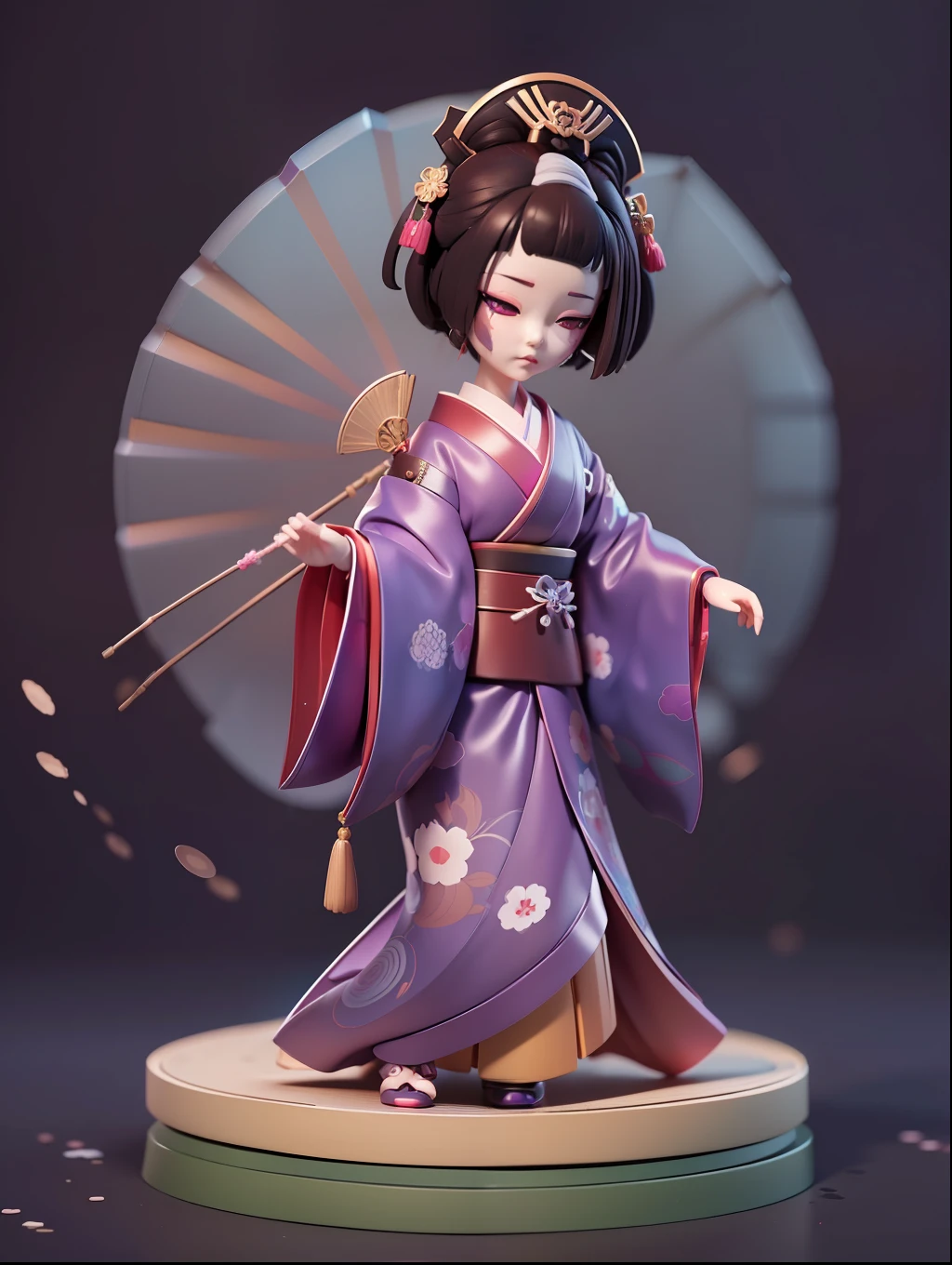 (Blind box toy style:1.2), (Full body shot) , 1 Plastic cute Japanese geisha ,Purple kimono, solo，(circular base）， Japanese geisha style, dreamy glow, Dirty, Brown undertone, Battle damage style( Global illumination, Ray traching, hdr, unreal render,reasonable design, high detal, Masterpiece, Best quality, hyper HD, Cinematic lighting)