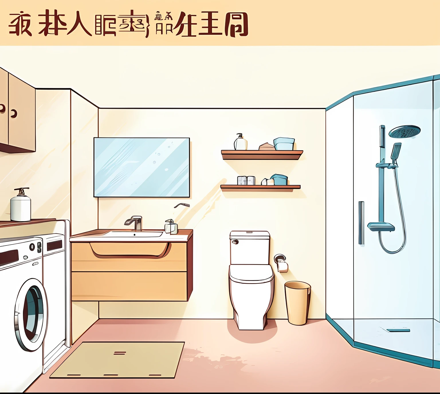 There is a cartoon piece of the bathroom with toilet and washing machine, Wang Chen, detailed scenery —width 672, komono, Simple and clean illustration, 🚿🗝📝, home setting, Clean and neat, Chiba Yuda, Detailed 2D illustration, daily life