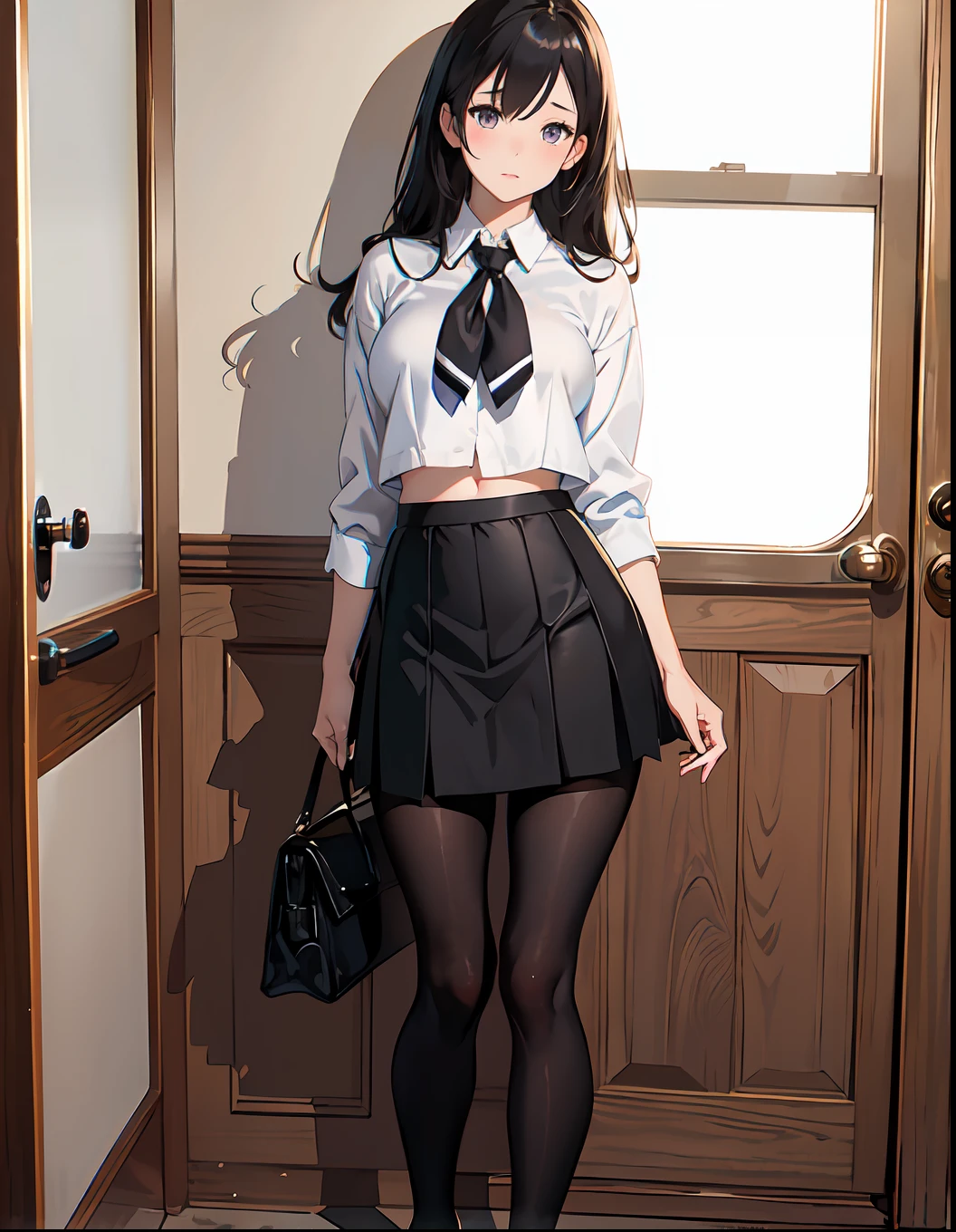 (masterpiece, best quality), beautiful girl, uniform skirt (detailed beautiful eyes) underwear, black pantyhose, full body shot, visible bellybutton