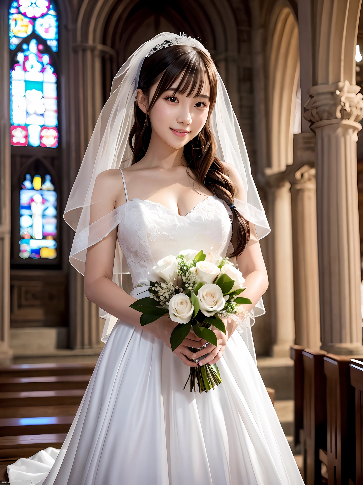 the best quality, 1 girl per 1 photo, cowboy shot, directly front view, a Japanese young pretty girl, french braids hair, putting on the veil, wearing a white shiny silk wedding dress with a big smile, holding one bouquet with both hands in a church, hyper cute face, glossy lips, double eyelids for both eyes, glamorous makeup, shiny smooth light brown hair, asymmetrical bangs, tanned skin, central image, 8K resolution, high detail, detailed hairstyle, detailed face, cinematic lighting, octane rendering, hyper realistic, perfect limbs, perfect anatomy