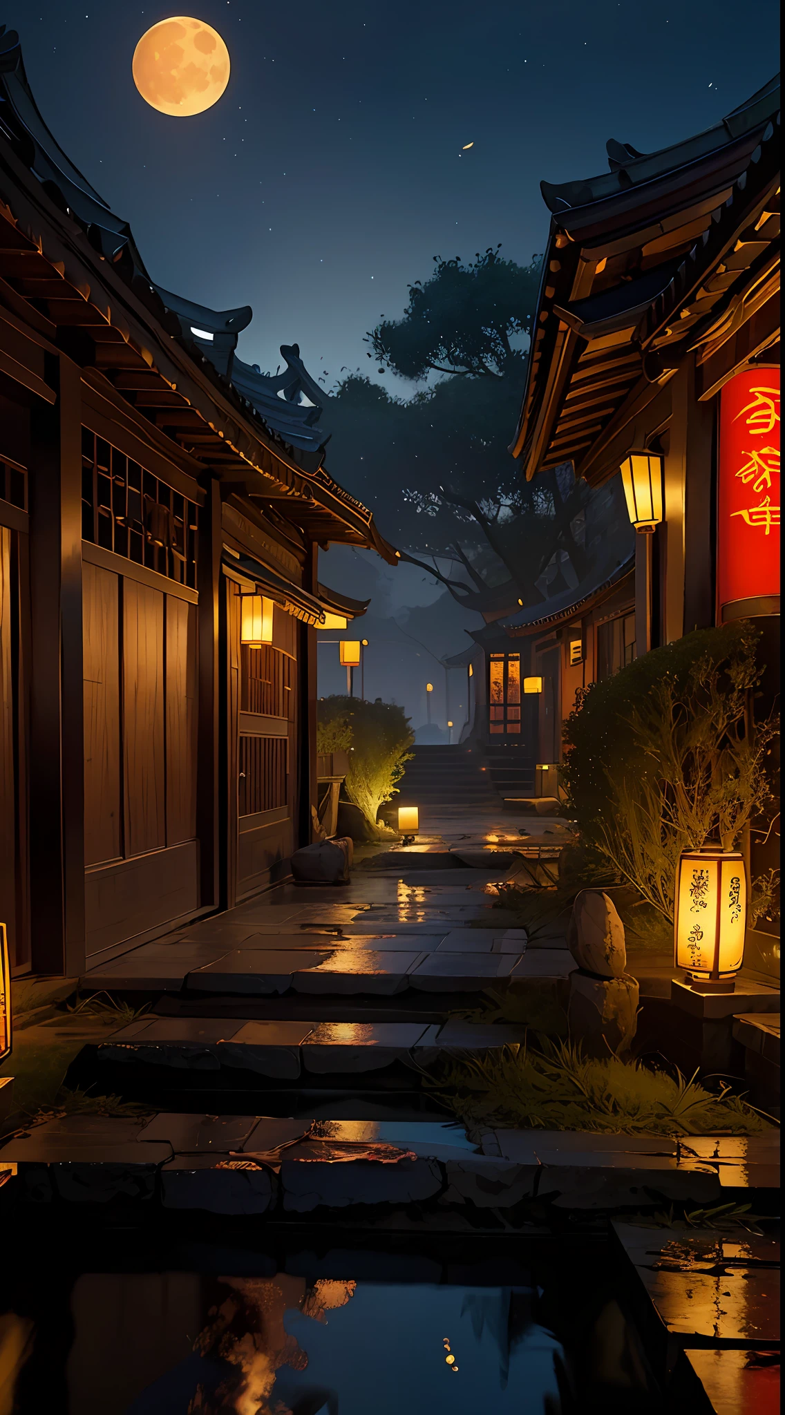 Official Art, Ancient China, Ancient Streets, (Lots of Fireflies), (Night), (Moon), Lights, Beautiful Landscapes, Epic Landscapes, Realistic Lighting, Masterpieces, High Quality, Beautiful Graphics, High Detail, Global Illumination, Unreal Engine Rendering, Octane Rendering, (HDR:1.3)