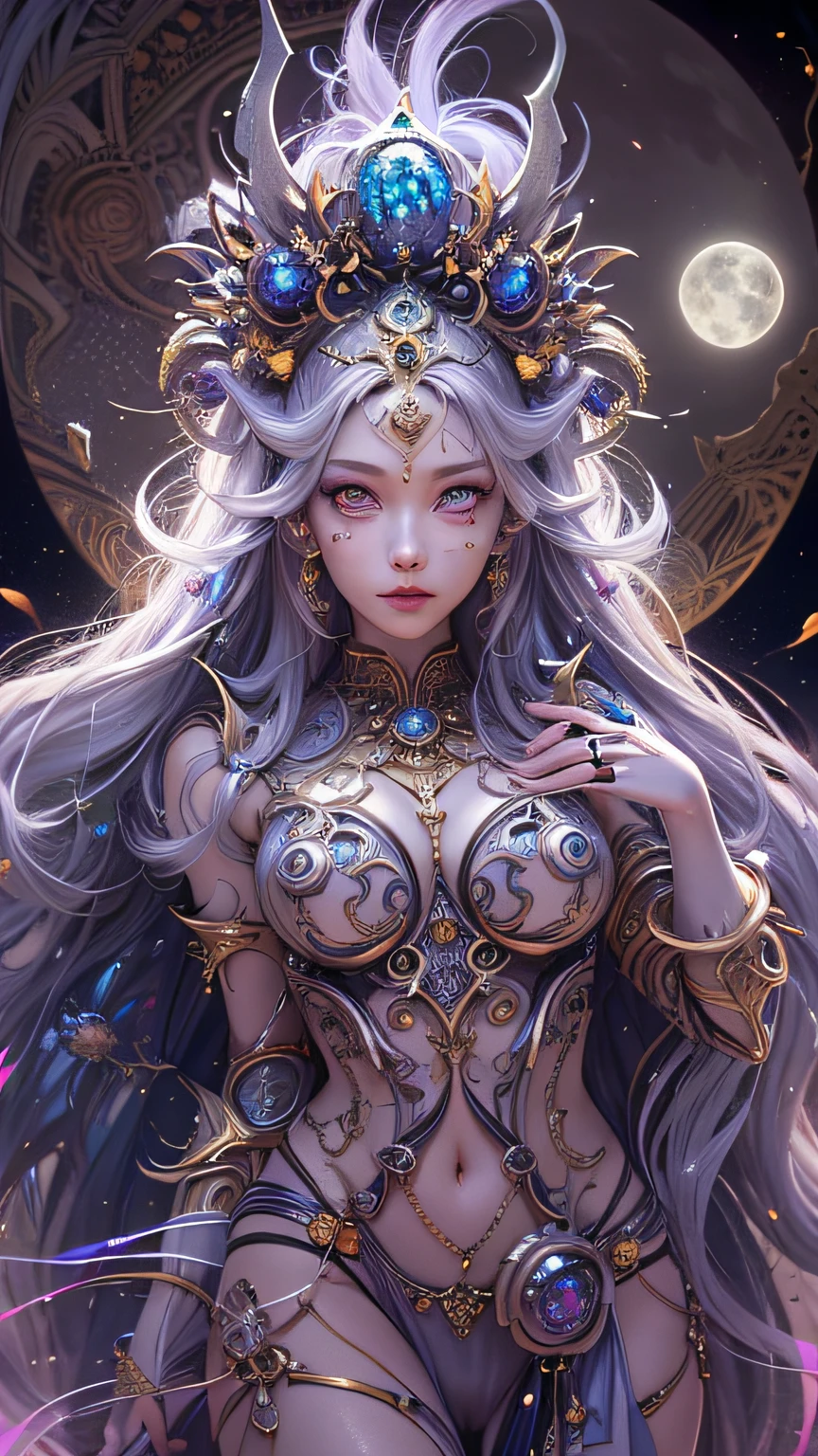 (((Body Portrait)))、(best qualtiy,ultra - detailed,Most Best Illustration,Best Shadow,tmasterpiece,hight resolution,professionalartwork,famousartwork),Detailed eyes,beautidful eyes,closeup cleavage,sci-fy,colored sclera,Robotic eyes,face markings,tattooed,(fractalized,Fractal Eye),largeeyes,wide eyes,(Eye focus),sface focus,the eye of the universe,Close up of metal sculpture of woman with moon in hair,goddes。extremely high detail,goddess portrait,Highly detailed footage of the goddess,a stunning portrait of a goddess,Side image of the goddess,portrait of a beautiful goddess,(Full body close-up of goddess),Goddess of Hecate,portrait of a norse moon goddess,goddess of space and time、((masterpiece、top-quality、ultra-definition、hight resolution))、4K picture quality、