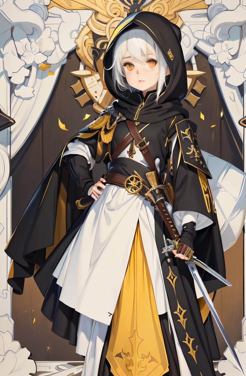 1girl，utmost+Beautiful+meticuloso_the face，utmost+Beautiful+meticuloso_The eye，White hair, Hood up, Yellow eyes, long eyelasher, Black sect uniform，small loli，cultivating immortals，There is a scabbard and a sword around the waist，