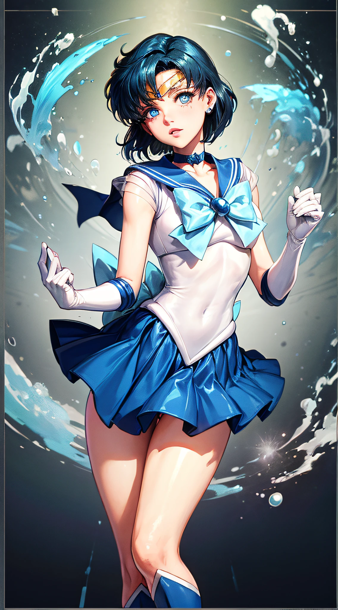 1 Girl, Chest, Gloves, Lips, Solo, Sailor Mercury, Blue Eyes, SM Uniform, mer1, Tiara, Sailor Senshi Uniform, (RAW photo, top quality), masterpiece, absurdity, sexy, floating short blue hair, blue sailor collar, bow, (blue knee boots: 1.1), choker, white gloves, blue choker, elbow gloves, jewelry, earrings, white leotardSole, Full body, blue hair, (perfect hands): 3.8, octane rendering, divinity of water, see-through, open legs