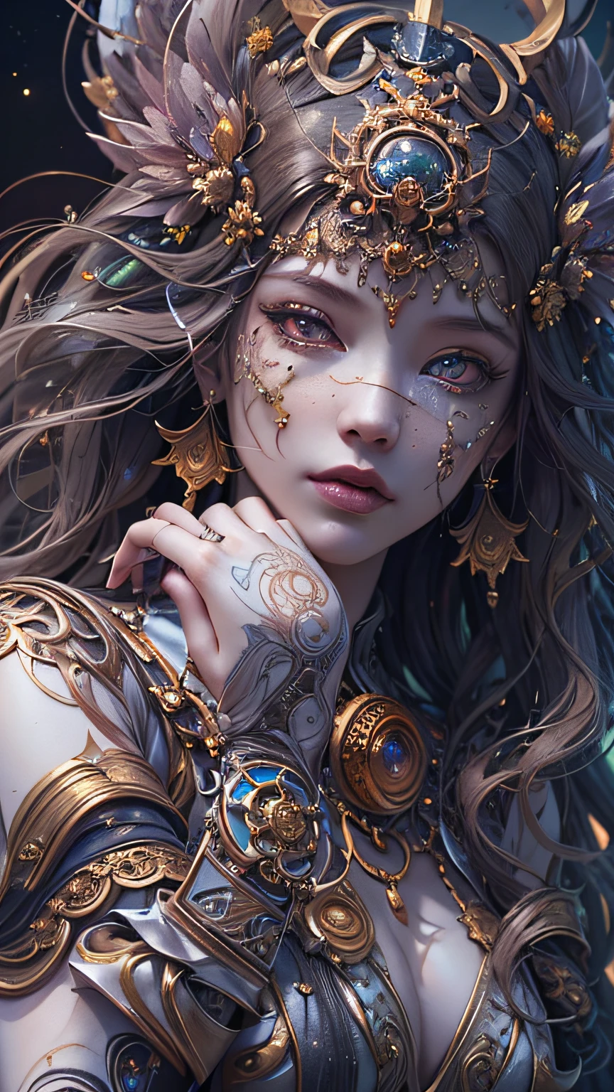 (((Body Portrait)))、(best qualtiy,ultra - detailed,Most Best Illustration,Best Shadow,tmasterpiece,hight resolution,professionalartwork,famousartwork),Detailed eyes,beautidful eyes,closeup cleavage,sci-fy,colored sclera,Robotic eyes,face markings,tattooed,(fractalized,Fractal Eye),largeeyes,wide eyes,(Eye focus),sface focus,the eye of the universe,Close up of metal sculpture of woman with moon in hair,goddes。extremely high detail,goddess portrait,Highly detailed footage of the goddess,a stunning portrait of a goddess,Side image of the goddess,portrait of a beautiful goddess,(Full body close-up of goddess),Goddess of Hecate,portrait of a norse moon goddess,goddess of space and time、((masterpiece、top-quality、ultra-definition、hight resolution))、4K picture quality、