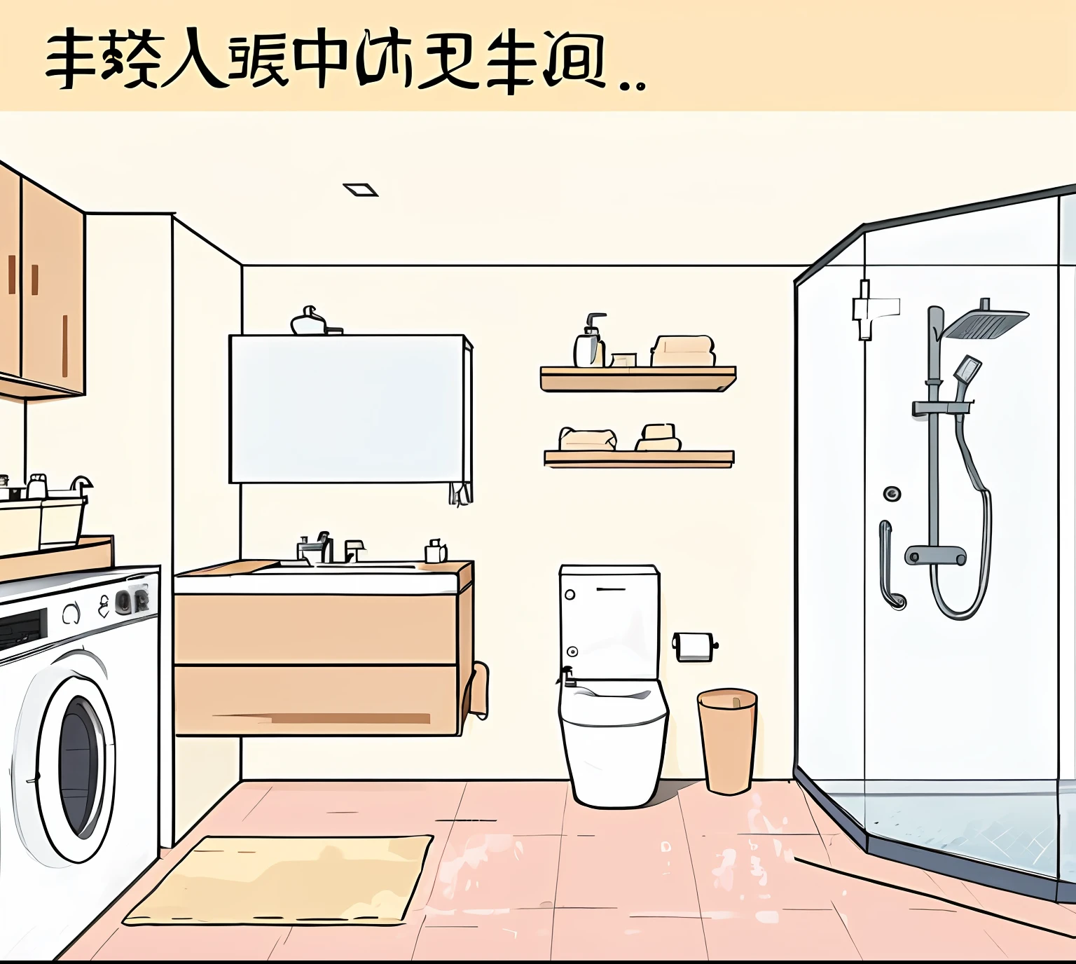 There is a cartoon piece of the bathroom with toilet and washing machine, Wang Chen, detailed scenery —width 672, komono, Simple and clean illustration, 🚿🗝📝, Clean and neat, home setting, Chiba Yuda, Detailed 2D illustration, daily life