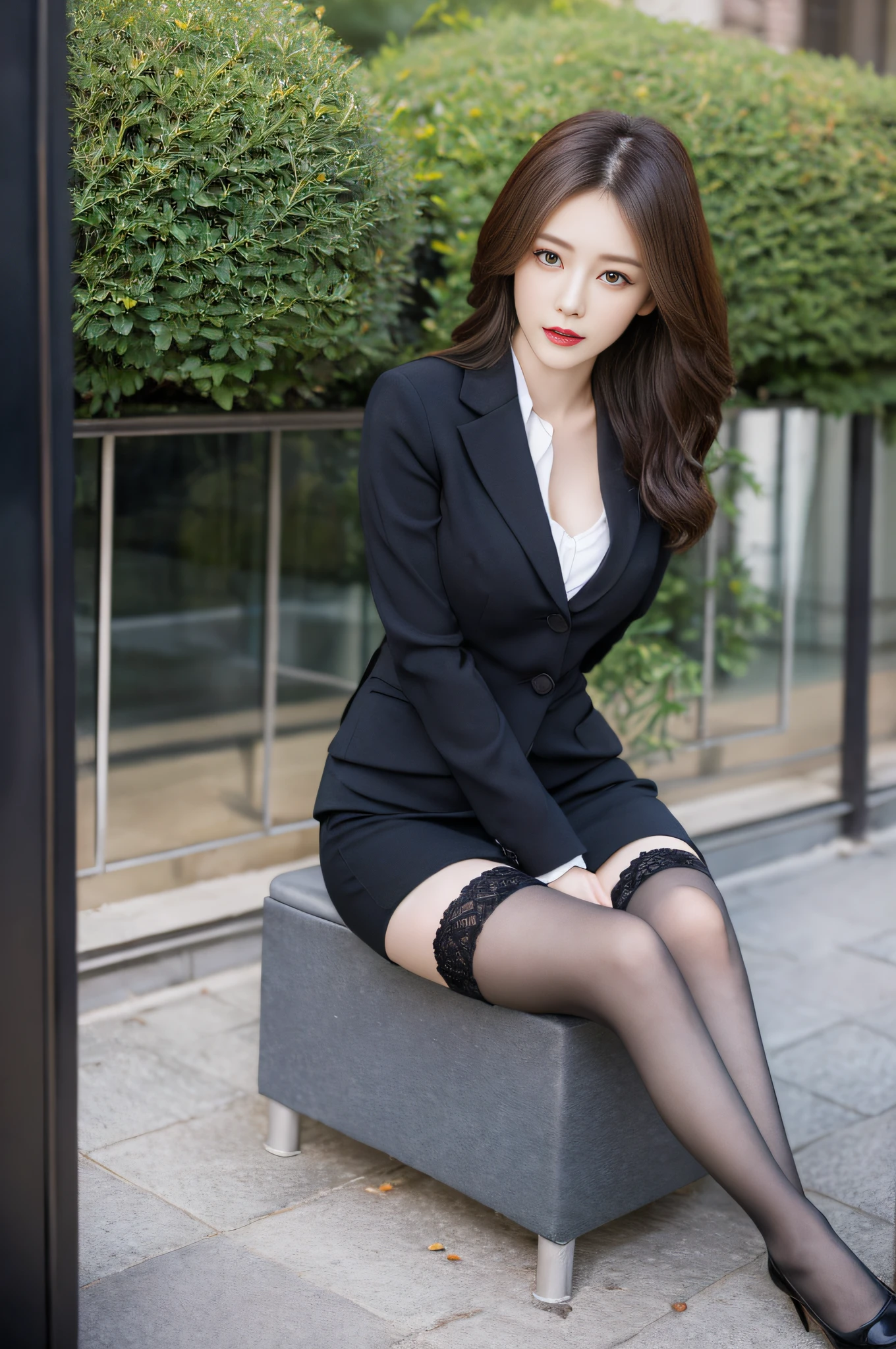 best qualtiy, Full body like,Refined face,pretty face,28-year-old woman,slimfigure,Smaller bust,office lady uniform,Office wear,black lence stockings,Outdoor scene,Sit Pose