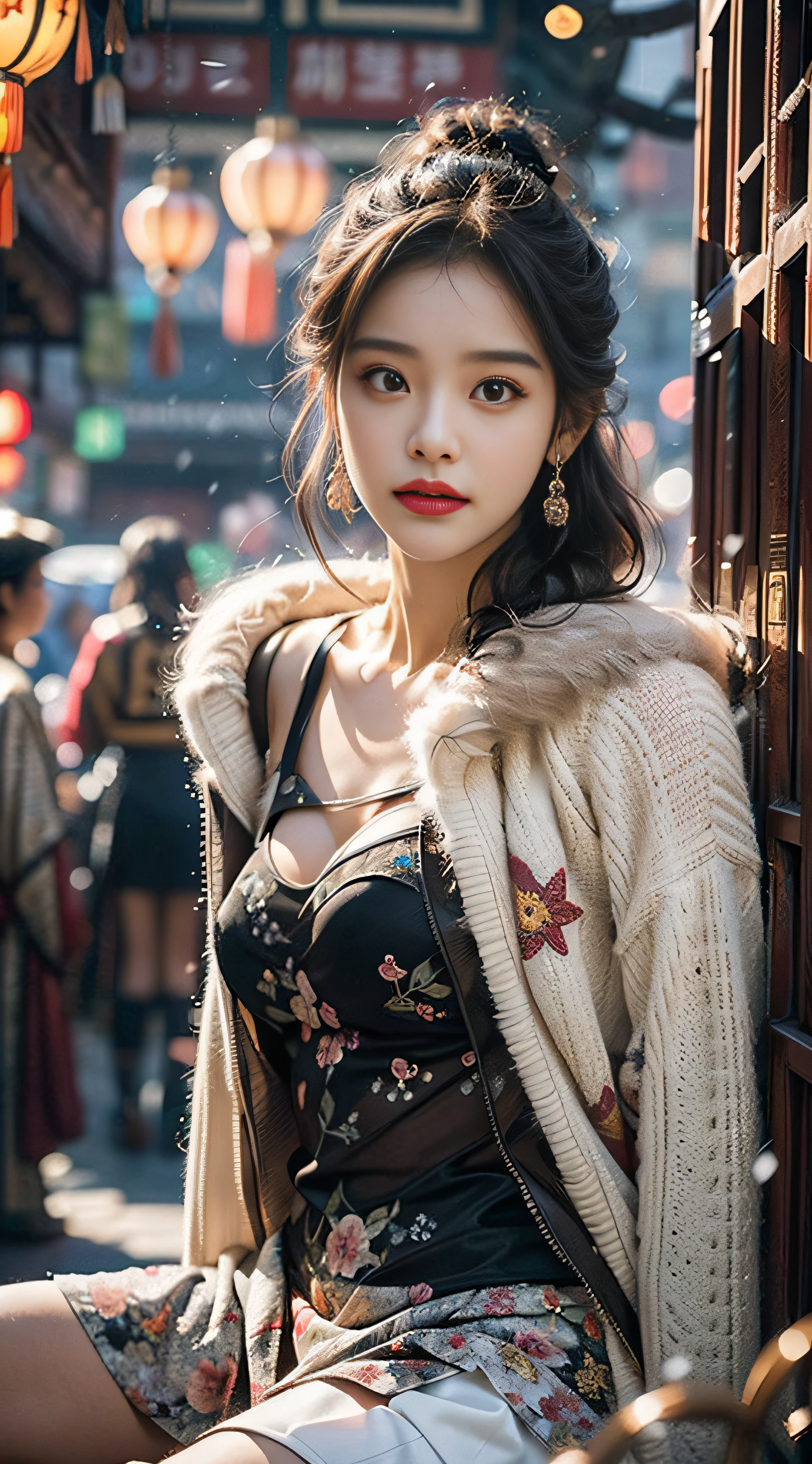 ((best qualtiy,tmasterpiece,超高分辨率)),(realisticlying:1.4),(Korean star poster-like),1girll,From head to knees,Dynamic posture,adult face,Slim,(ssmile),(shiny skins),(contours,frontage,),whaite hair,long whitr hair,黑The eye,(big cleavage breasts),Top fashion,((White plush coat)),Lace,(short skirt),(Heavy snow:1.5,pedestrian street,Chinese-style pavilion),(Clear eyes),(Clear nose),(Clear lips),(Fair skin),(Ultra-realistic textile textures)