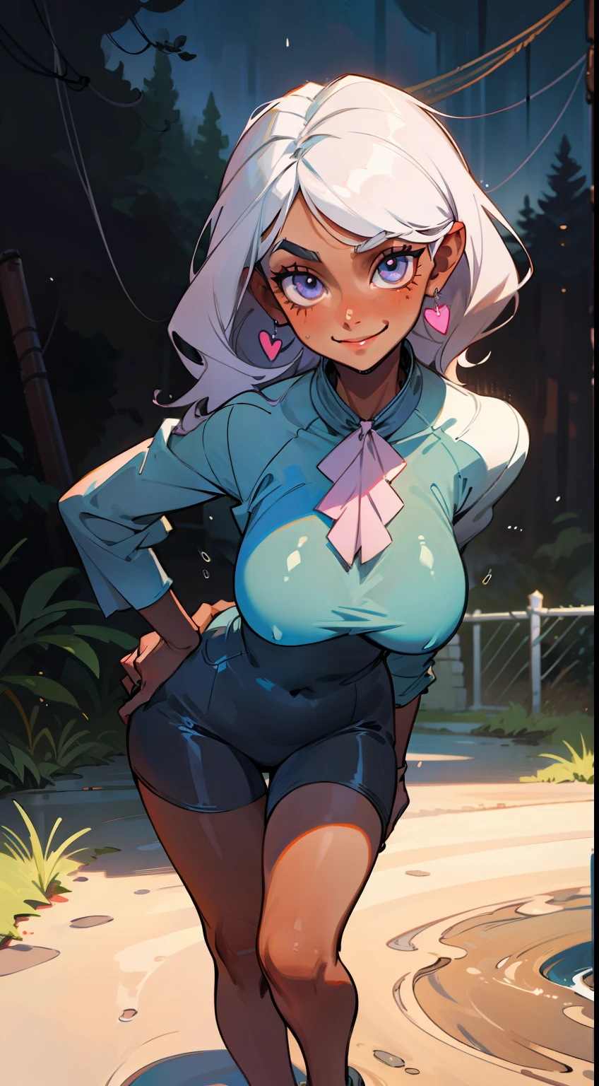 1 woman, older woman, smiling, pretty face, nice body, dark skin, different eyes, nose, ear, eyebrow, big straight hair, sexy clothes, wet clothes, thin waist, thick legs, big thigh, background scenery, wet dirt road, ground, interior, beautiful day, lighting