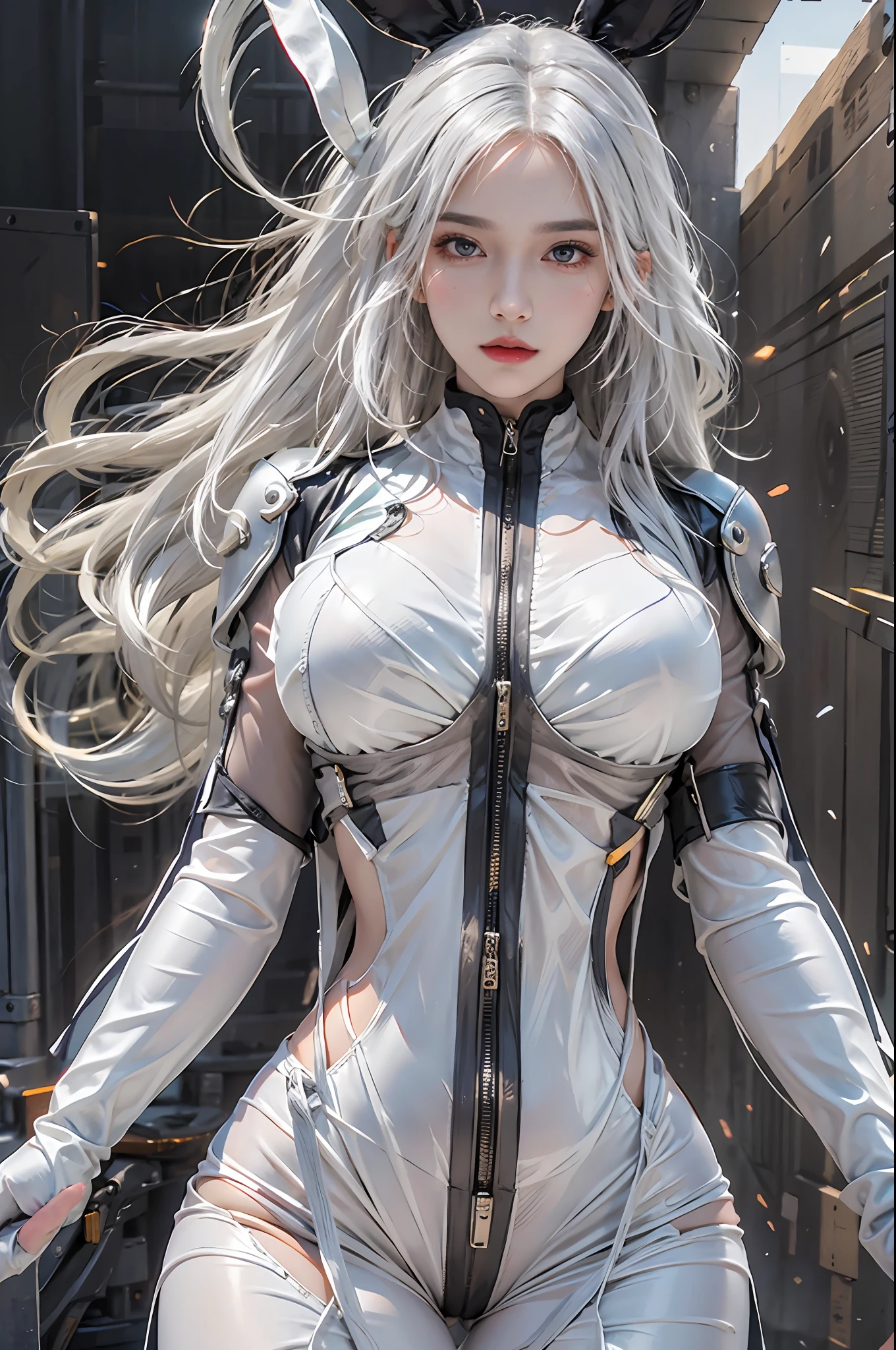 photorealistic, high resolution, 1women, solo, hips up, look at viewer, (detailed face), white hair, long hair, black reverse bunnysuit