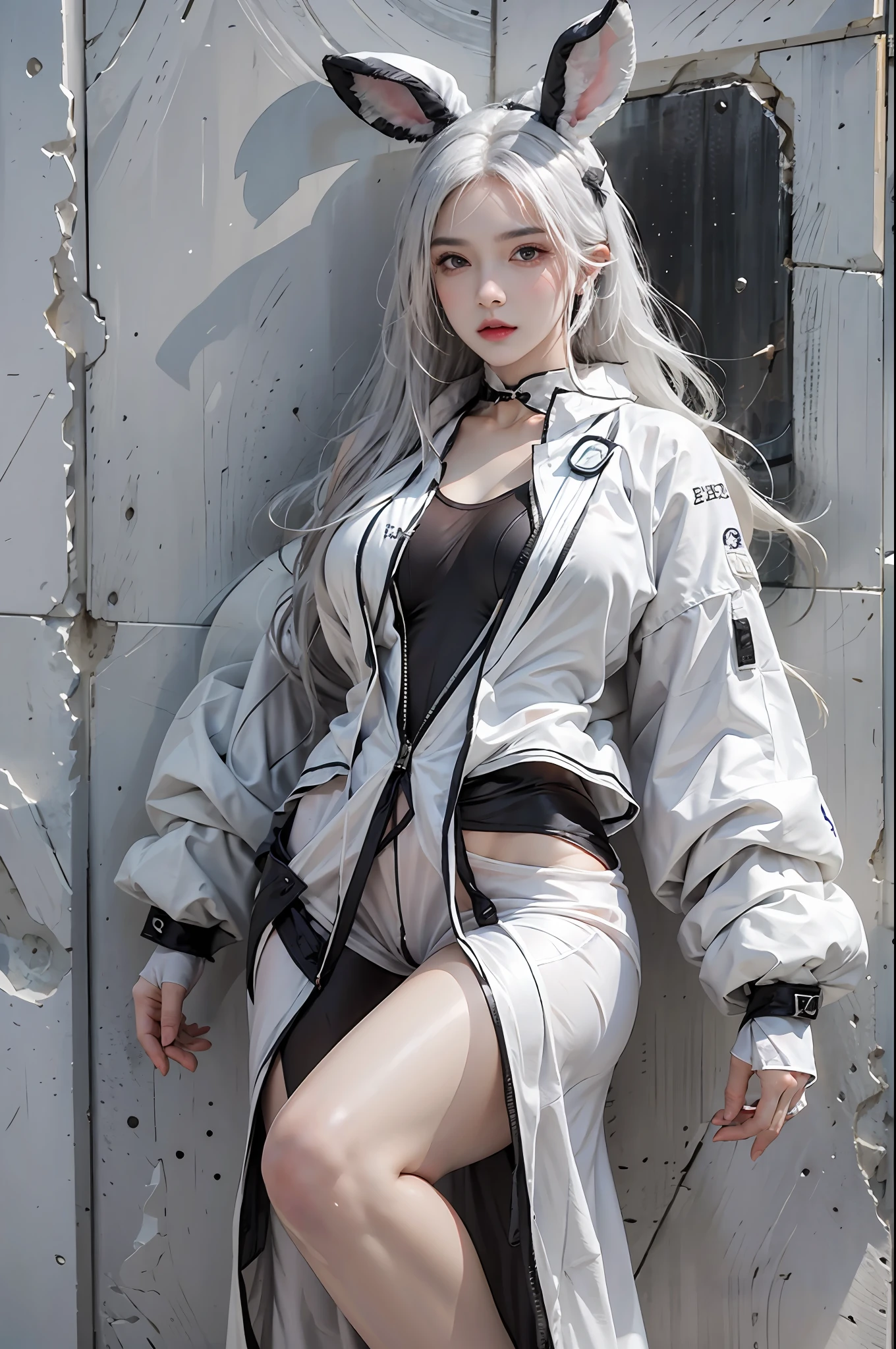 photorealistic, high resolution, 1women, solo, hips up, look at viewer, (detailed face), white hair, long hair, black reverse bunnysuit