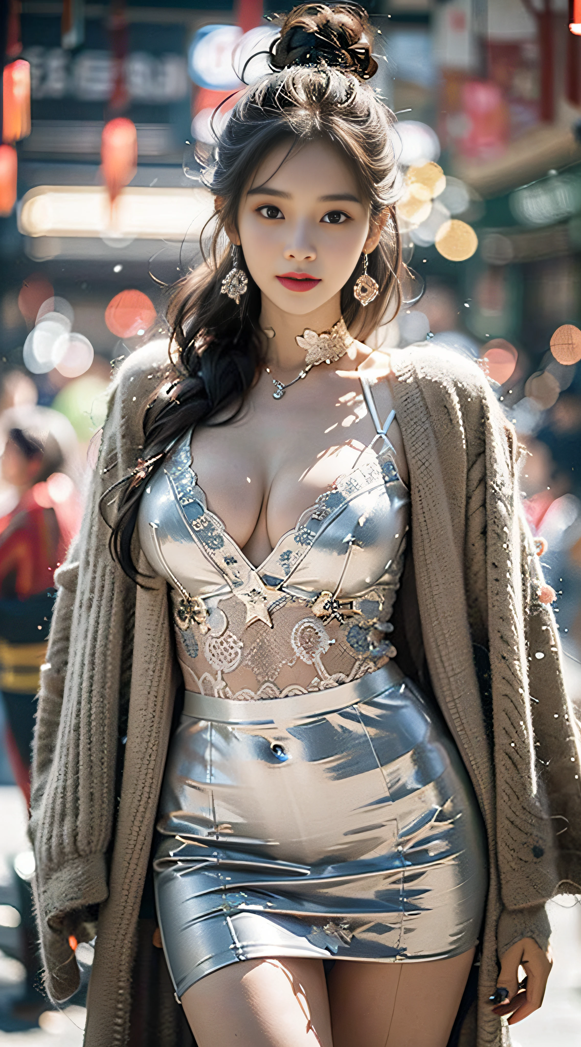 ((best qualtiy,tmasterpiece,超高分辨率)),(realisticlying:1.4),(Korean star poster-like),1girll,From head to knee,Dynamic posture,adult face,Slim,(ssmile),(shiny skins),(contours,frontage,),whaite hair,long whitr hair,黑The eye,(big cleavage breasts),Top fashion,((White plush coat)),Lace,(short skirt),(Heavy snow:1.5,pedestrian street,Chinese-style pavilion),(Clear eyes),(Clear nose),(Clear lips),(Fair skin),(Ultra-realistic textile textures)