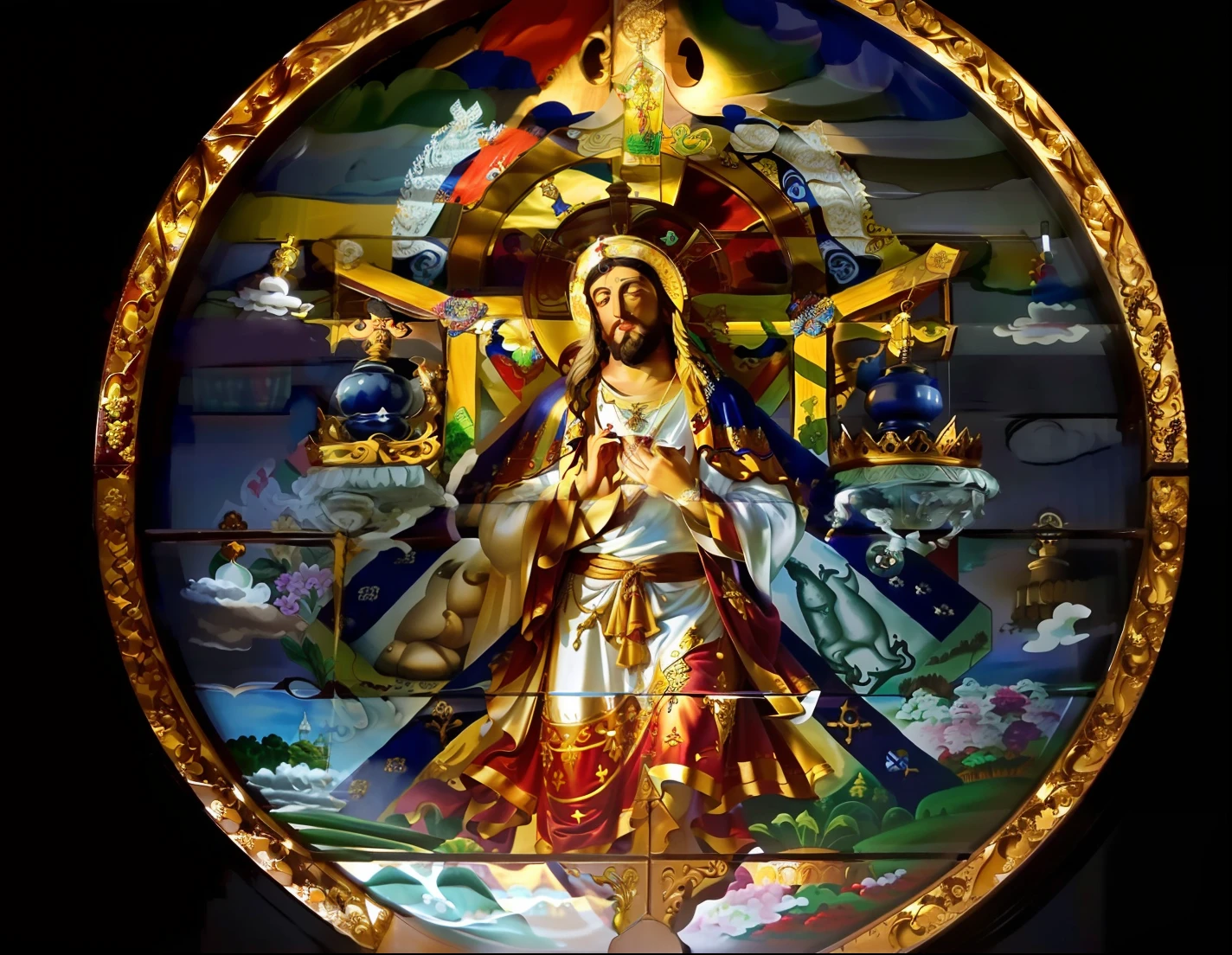 Um close up de um vitral com um Jesus na cruz, imagens sagradas, arte dos vitrais, imagens religiosas, vitral, Jesus na Cruz, vitral obra-prima, Vitrais Maxim Verehin, catholic religious art, iconografia religiosa, crucifixion, vitrais, vitrais de carne e sangue, Christian art, vidro manchado, vitrais quebrados, Cor amarelo preto, e cinza.