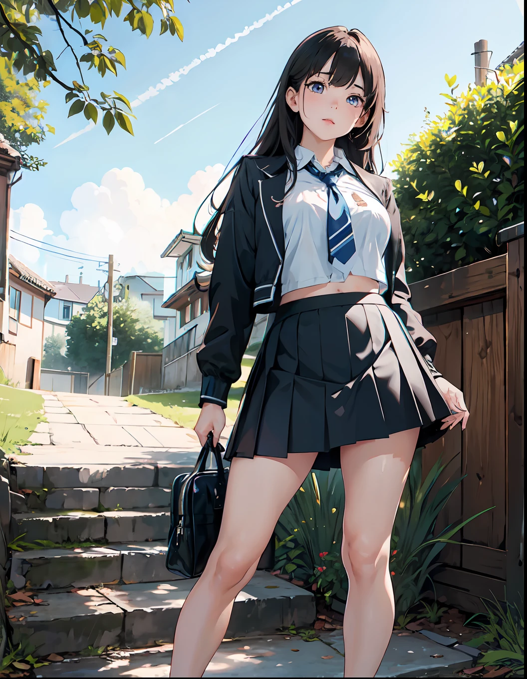 (masterpiece, best quality), beautiful girl, uniform skirt (detailed beautiful eyes) underwear, outdoors, full body shot, visible bellybutton