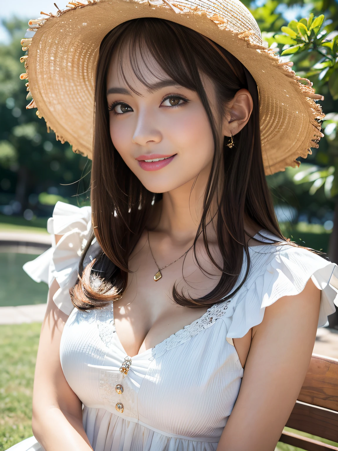 8K、Raw photography、(masuter piece:1.2)、(Photorealsitic:1.2)、(best qualtiy)、((Cute adult woman in white ruffled dress and straw hat))、((AS-Adult))、Light brown hair in one woman、((full bodyesbian))、make - up、Smart body and big、A smile、Poses variadas、hyperdetailed face、A detailed eye、(In front of the fountain、a park)