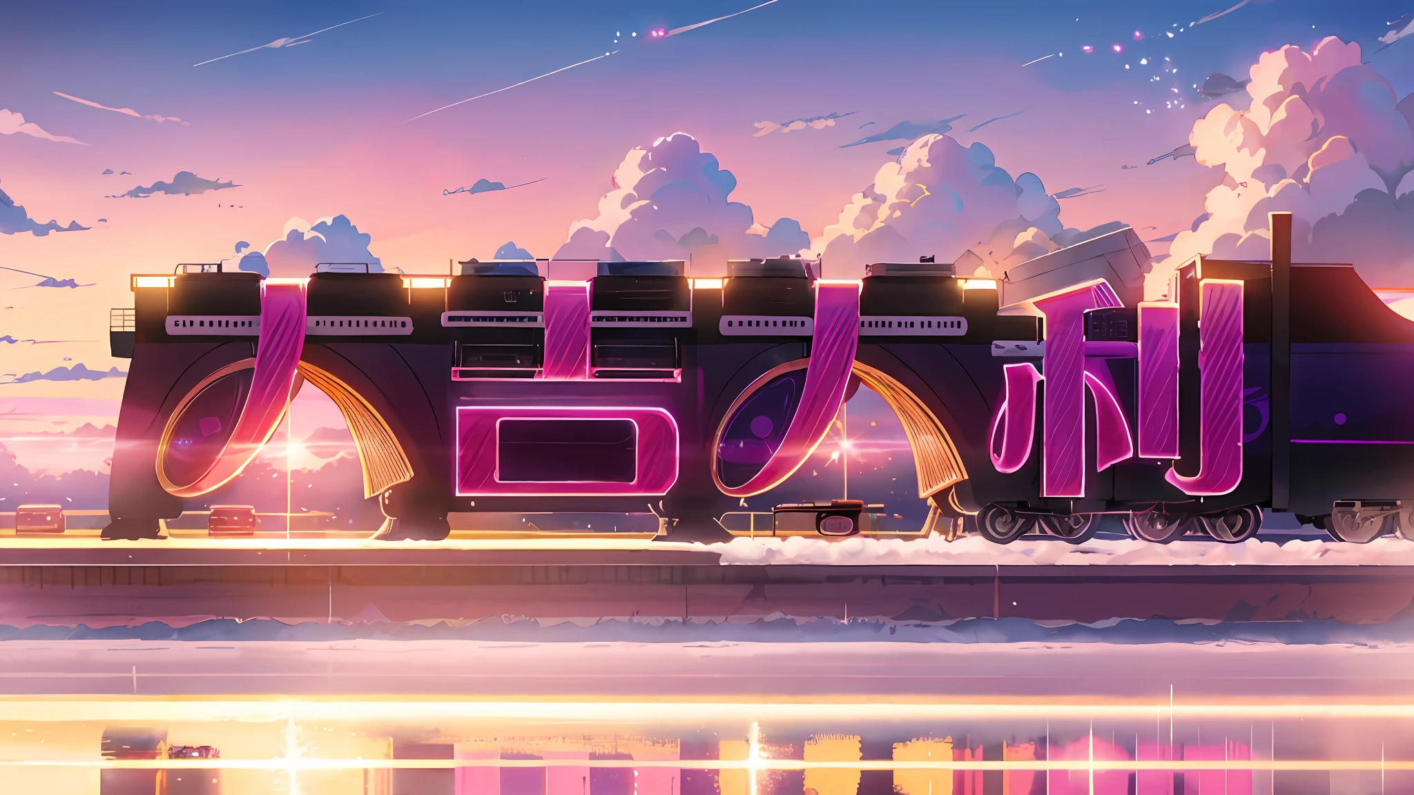 anime scene of a train passing under a pink and purple sky, an anime drawing by Makoto Shinkai, trending on pixiv, magical realism, beautiful anime scene, cosmic skies. by makoto shinkai, ( ( makoto shinkai ) ), by makoto shinkai, anime background art, style of makoto shinkai