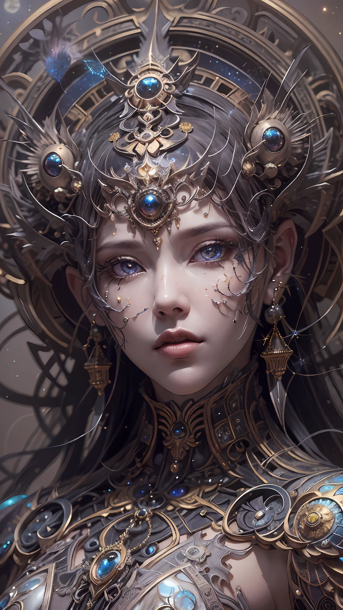 (best qualtiy,ultra - detailed,Most Best Illustration,Best shadow,tmasterpiece,A high resolution,professionalartwork,famousartwork),Detailed eyes,beautidful eyes,closeup cleavage,sci-fy,colored sclera,Robot eyes,face markings,Tattooed with,(fractalized,Fractal eyes),largeeyes,Wide eyes,(Eye focus),sface focus,Cosmic eyes,Space eyes,Close-up of metal sculpture of a woman with a moon in her hair,goddes。extremly high detail,3 d goddess portrait,Extremely detailed footage of the goddess,a stunning portrait of a goddess,Side image of the goddess,portrait of a beautiful goddess,Full body close-up portrait of the goddess,hecate goddess,portrait of a norse moon goddess,goddess of space and time