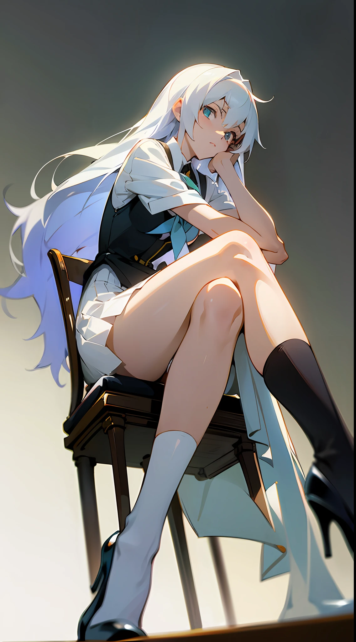 Long white hair,long leges,White calf socks,Moist body,White skin,Makoto Shinkai-style heroine,Sit sideways in a chair,Close-up Shot Shot,Stiletto heels ,Cinematic lighting effects,Side of the character,Beautiful pupils,side looking,white skirt,Place your hands on your legs,Pixiv style,Anime art wallpaper 8K --auto