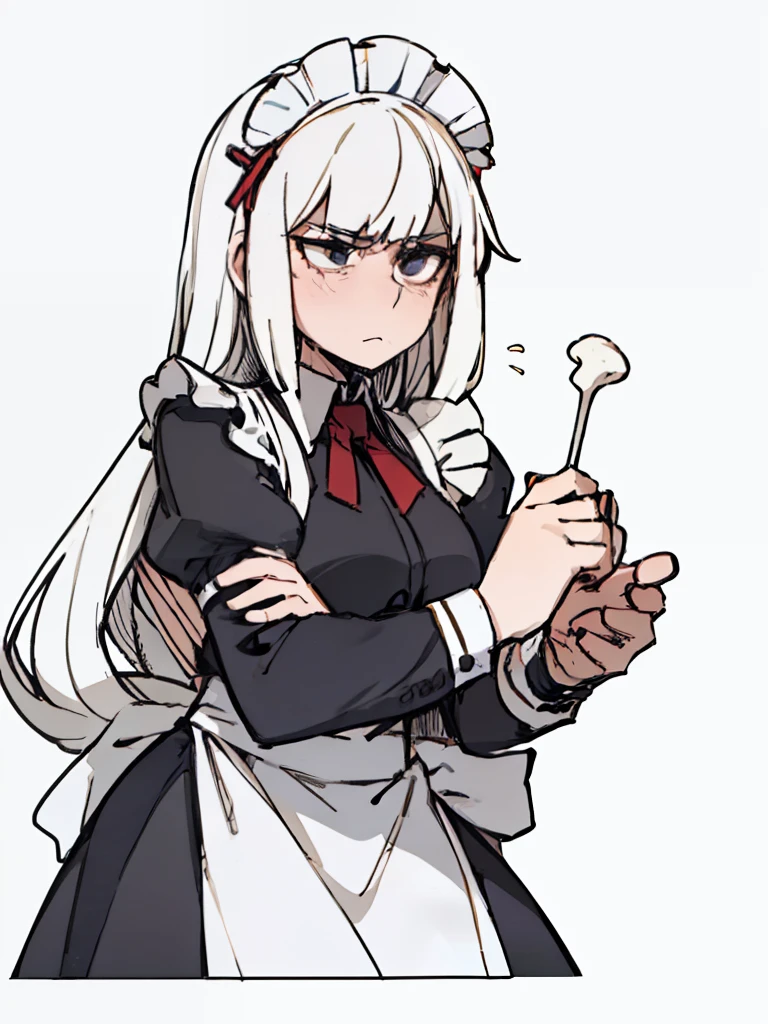 A girl frontal,((full bodyesbian,Long curly white hair,the maid outfit,Unhappy,irate)),Calf white silk,Put your hands in front,Young, White background