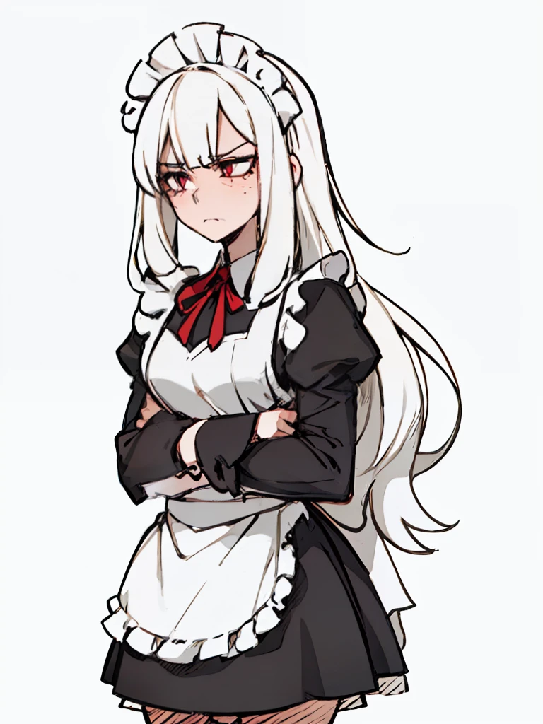 A girl frontal,((full bodyesbian,Long curly white hair,the maid outfit,Unhappy,irate)),Calf white silk,Put your hands in front,Young, White background