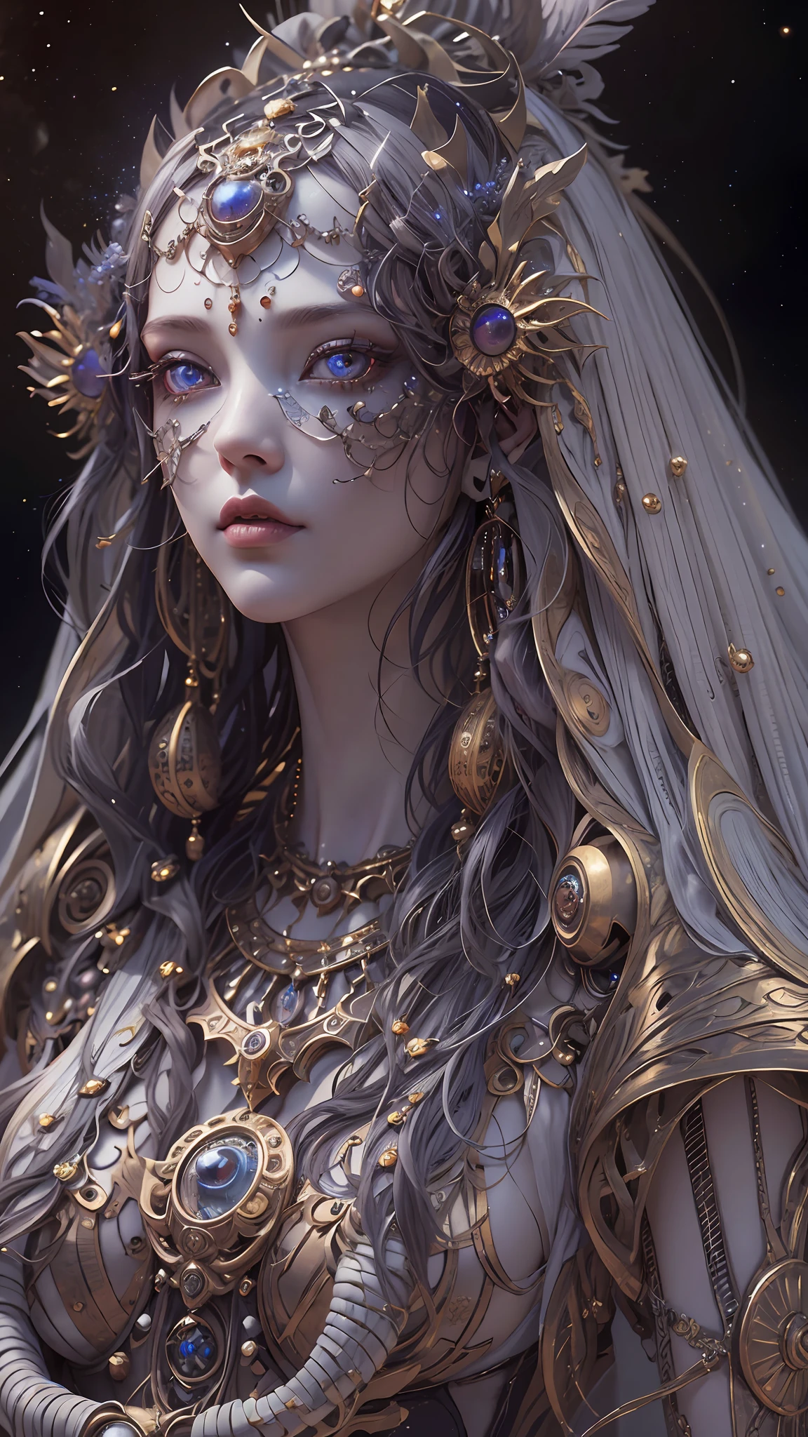 (best qualtiy,ultra - detailed,Most Best Illustration,Best shadow,tmasterpiece,A high resolution,professionalartwork,famousartwork),Detailed eyes,beautidful eyes,closeup cleavage,sci-fy,colored sclera,Robot eyes,face markings,Tattooed with,(fractalized,Fractal eyes),largeeyes,Wide eyes,(Eye focus),sface focus,Cosmic eyes,Space eyes,Close-up of metal sculpture of a woman with a moon in her hair,goddes。extremly high detail,3 d goddess portrait,Extremely detailed footage of the goddess,a stunning portrait of a goddess,Side image of the goddess,portrait of a beautiful goddess,Full body close-up portrait of the goddess,hecate goddess,portrait of a norse moon goddess,goddess of space and time