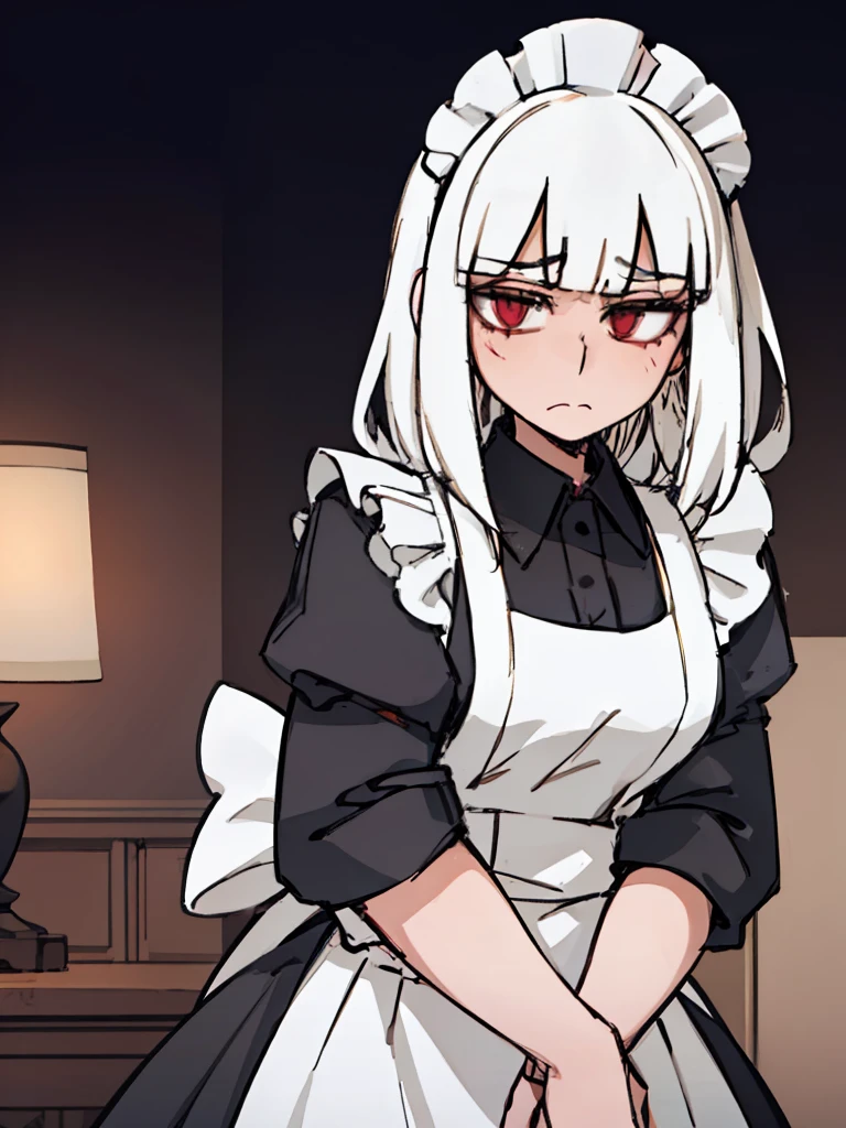 A girl frontal,((full bodyesbian,Long curly white hair,the maid outfit,Unhappy,irate)),Calf white silk,Put your hands in front,Young, White background